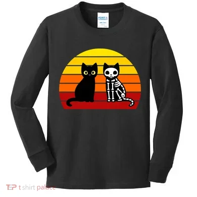 Black Cat Sunset Skeleton Kids Long Sleeve Shirt