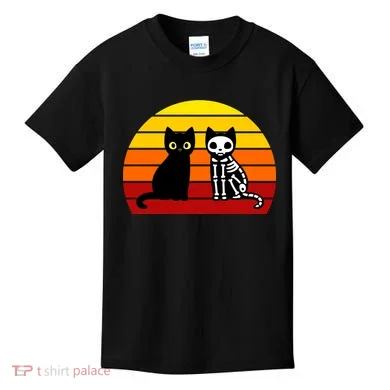 Black Cat Sunset Skeleton Kids T-Shirt