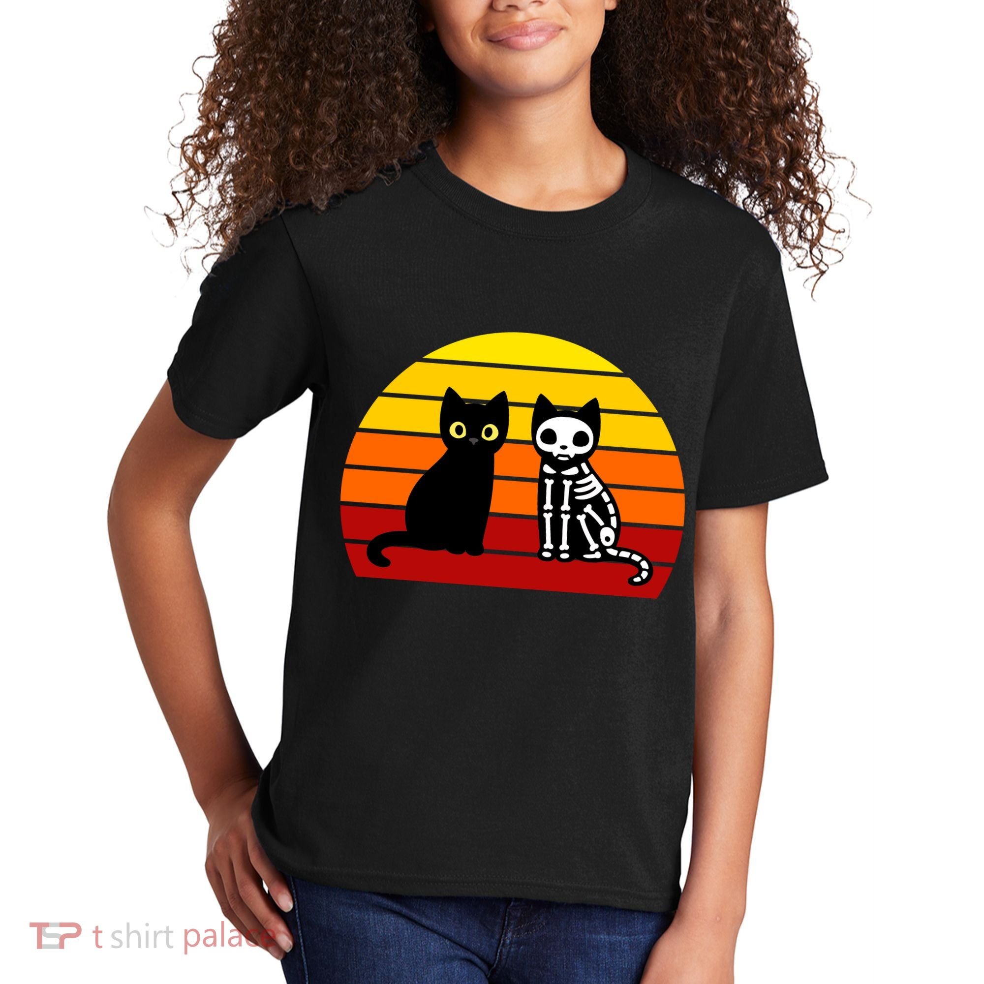 Black Cat Sunset Skeleton Kids T-Shirt