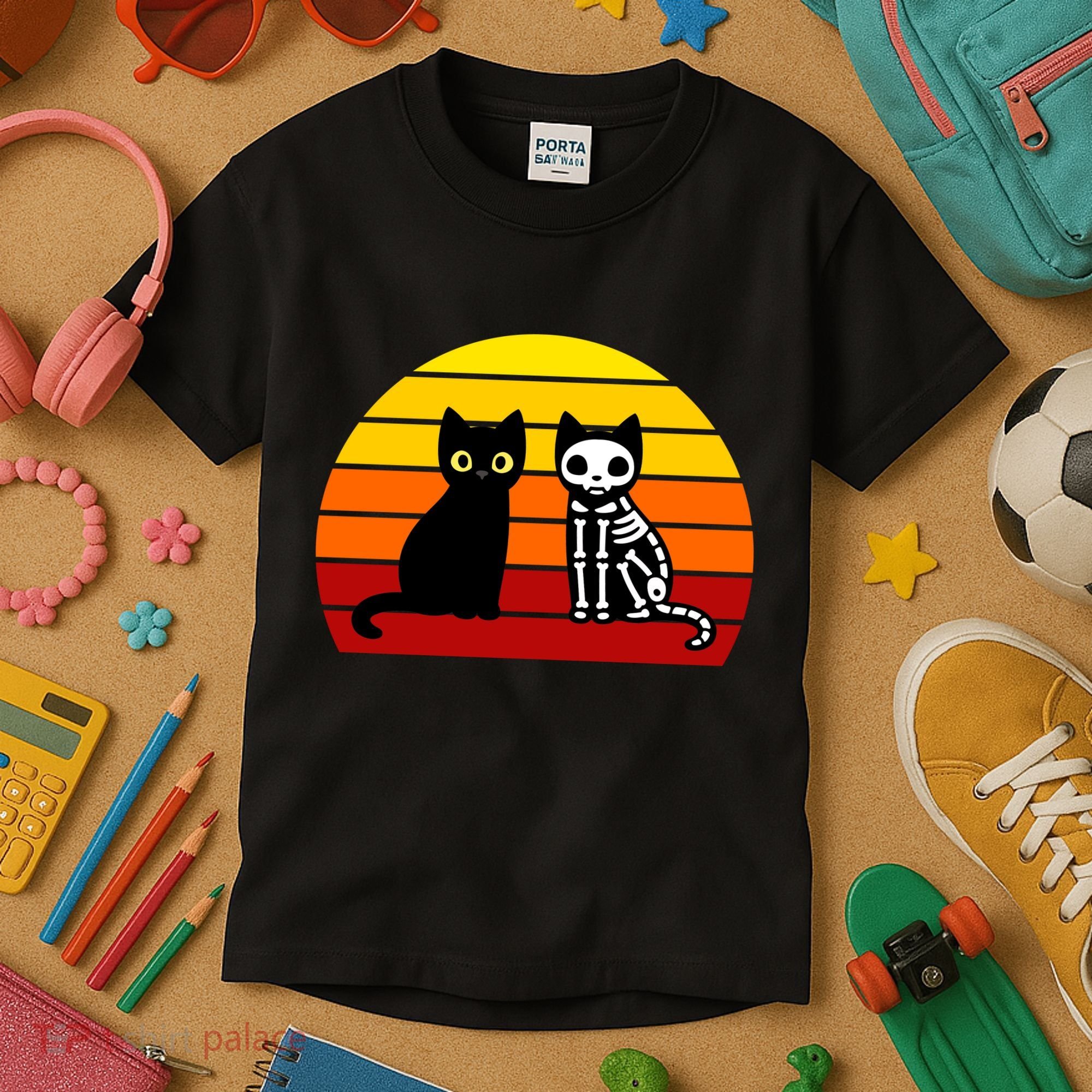 Black Cat Sunset Skeleton Kids T-Shirt