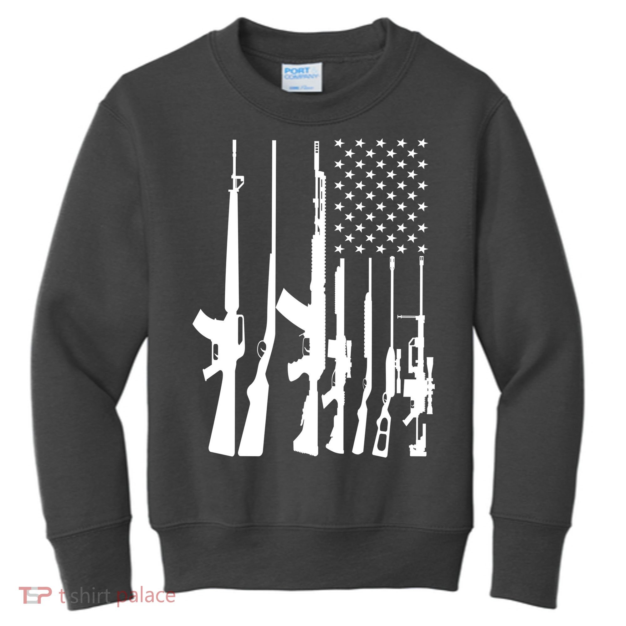 Black Gun American Flag - Rifle Weapon Firearm 2nd Amendment Kids Sweatshirt