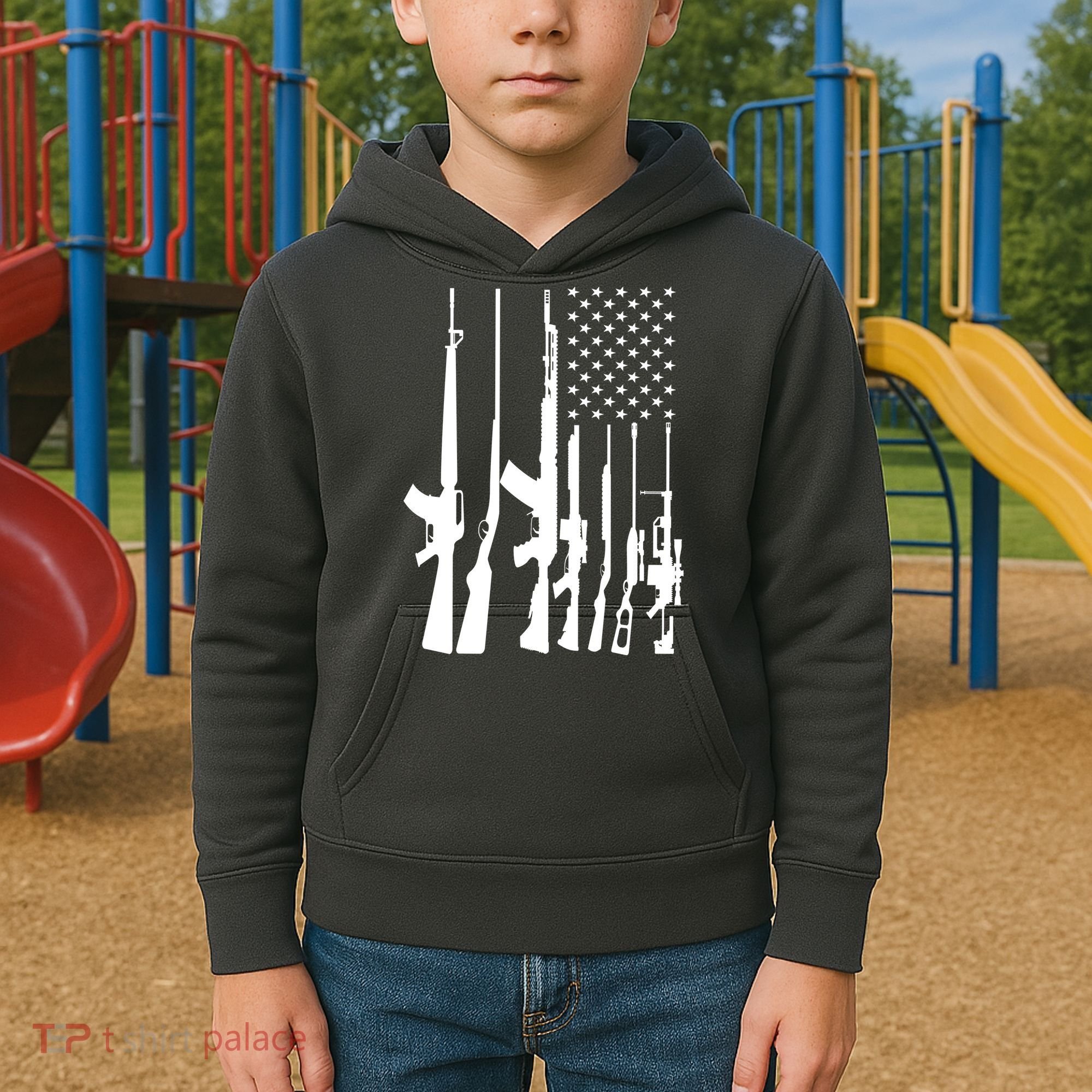 Black Gun American Flag - Rifle Weapon Firearm 2nd Amendment Kids Hoodie
