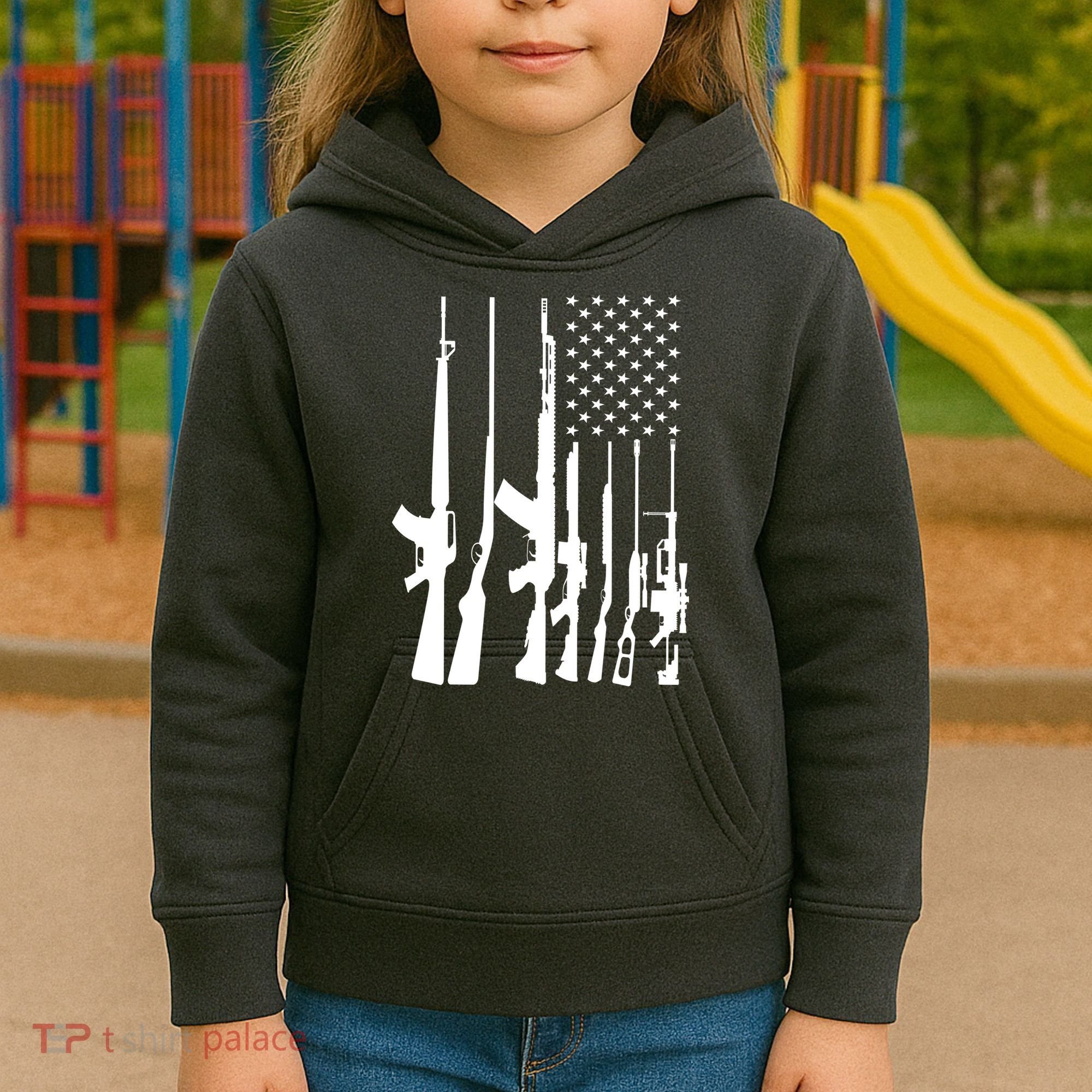 Black Gun American Flag - Rifle Weapon Firearm 2nd Amendment Kids Hoodie