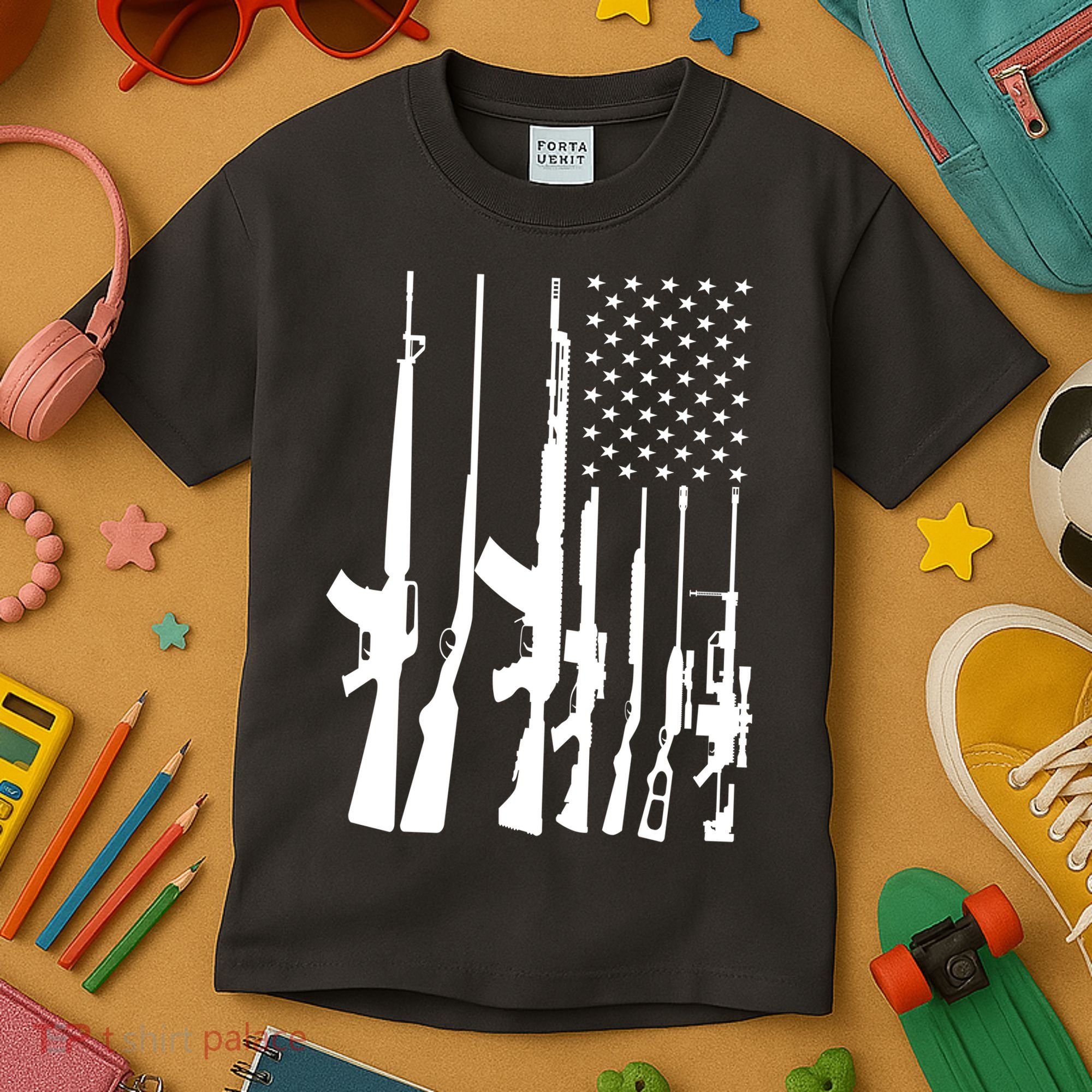 Black Gun American Flag - Rifle Weapon Firearm 2nd Amendment Kids T-Shirt