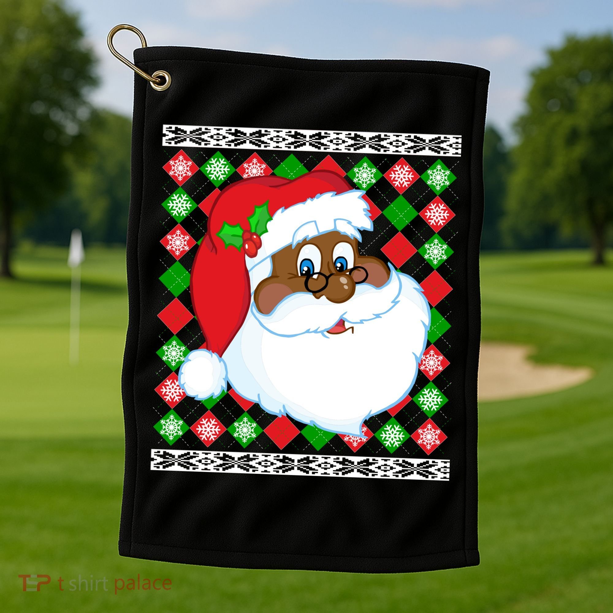 Black Santa Claus Ugly Christmas Sweater Golf Towel