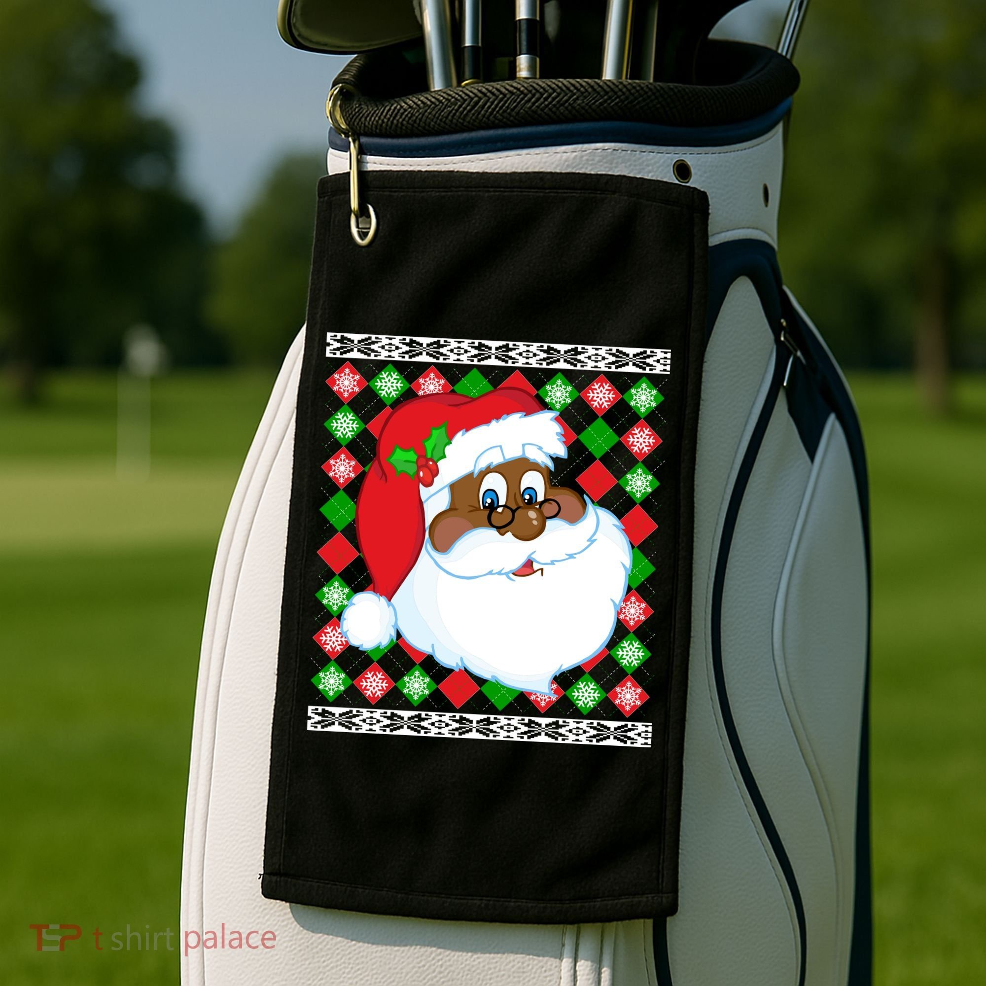 Black Santa Claus Ugly Christmas Sweater Golf Towel