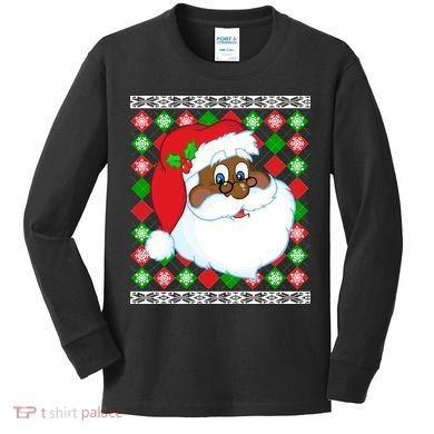 Black Santa Claus Ugly Christmas Sweater Kids Long Sleeve Shirt
