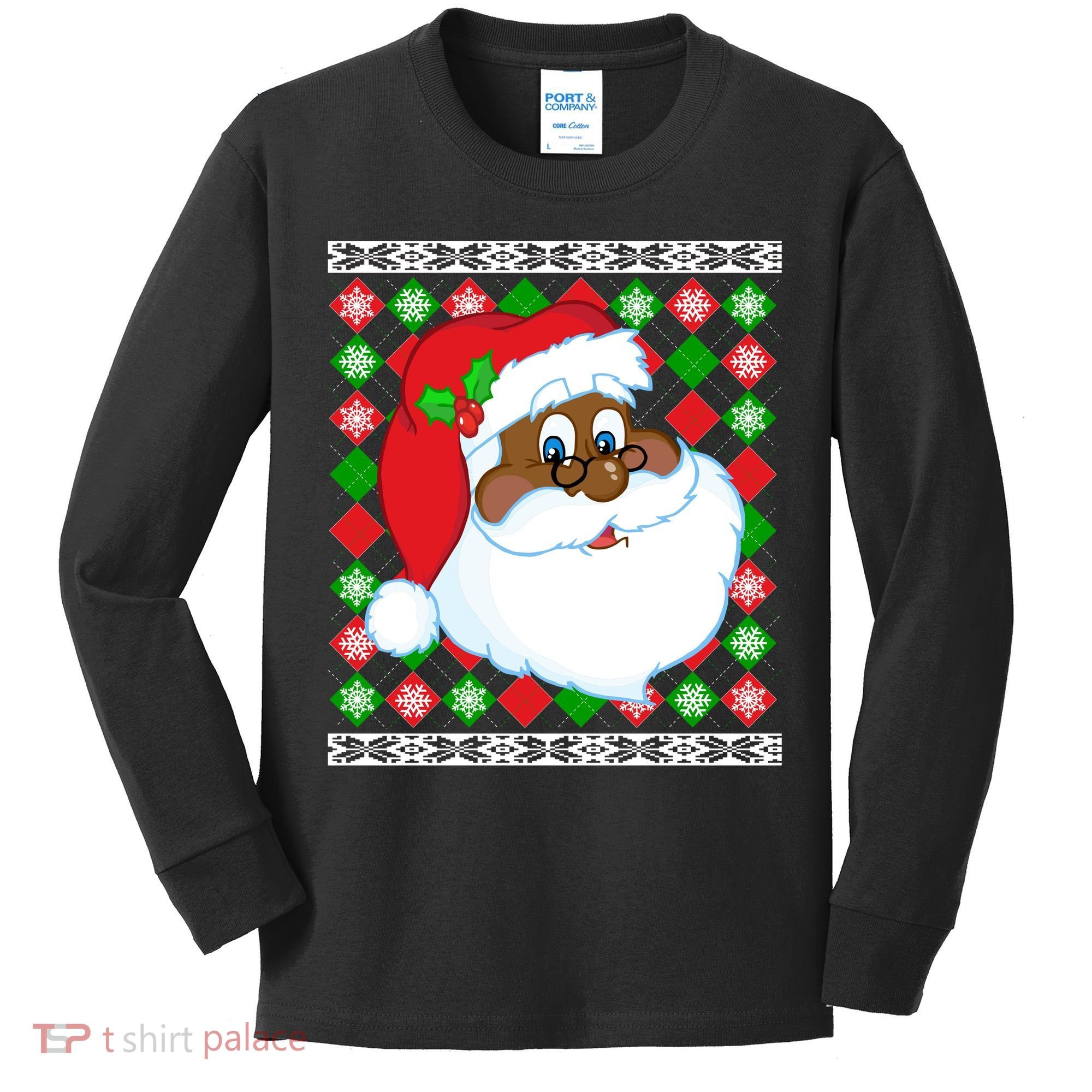 Black Santa Claus Ugly Christmas Sweater Kids Long Sleeve Shirt