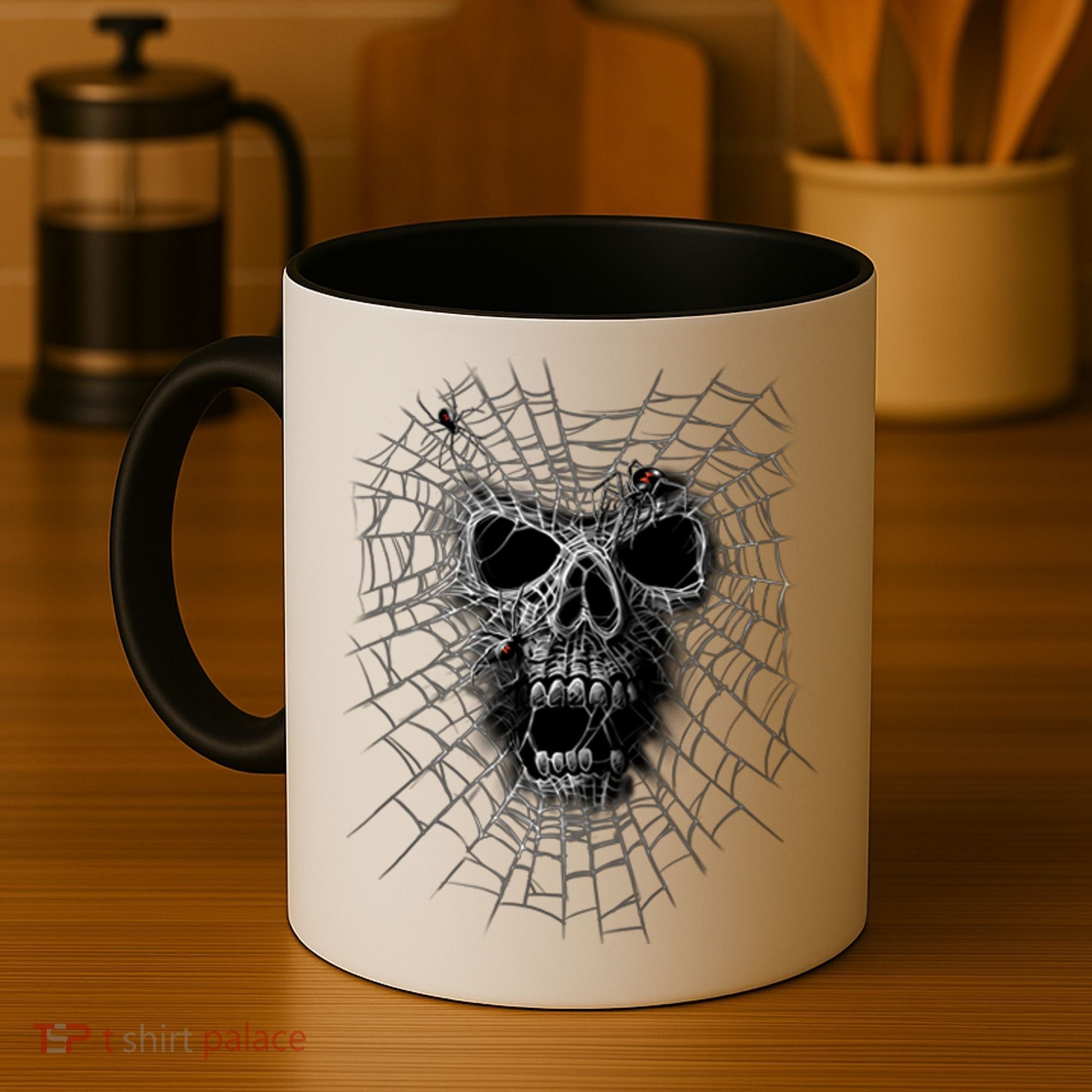 Black Widow Spider Web Skull Coffee Mug