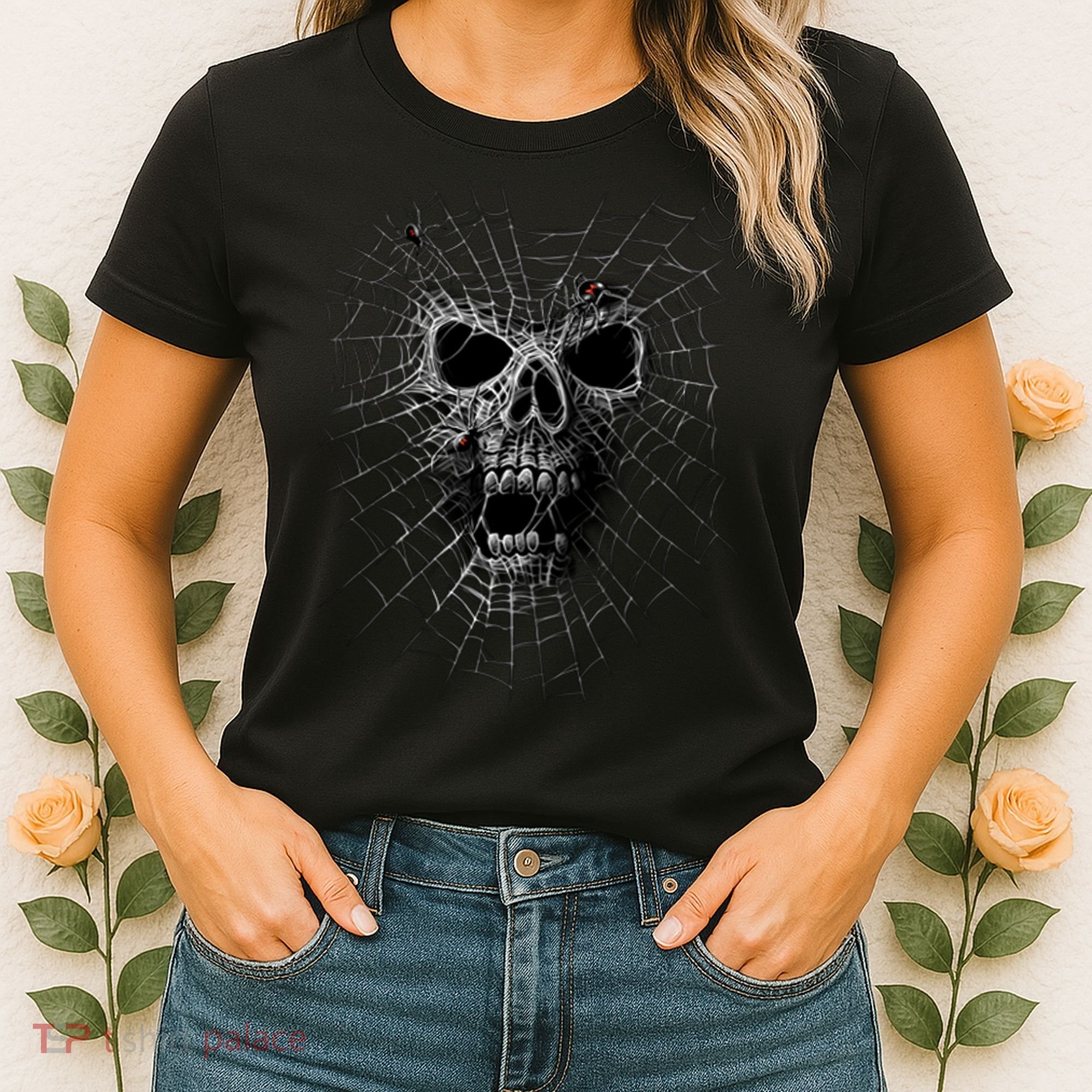 Black Widow Spider Web Skull Women's T-Shirt