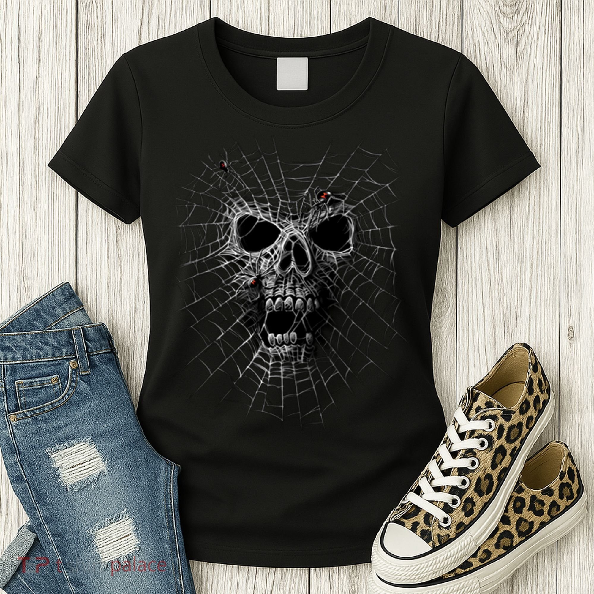 Black Widow Spider Web Skull Women's T-Shirt