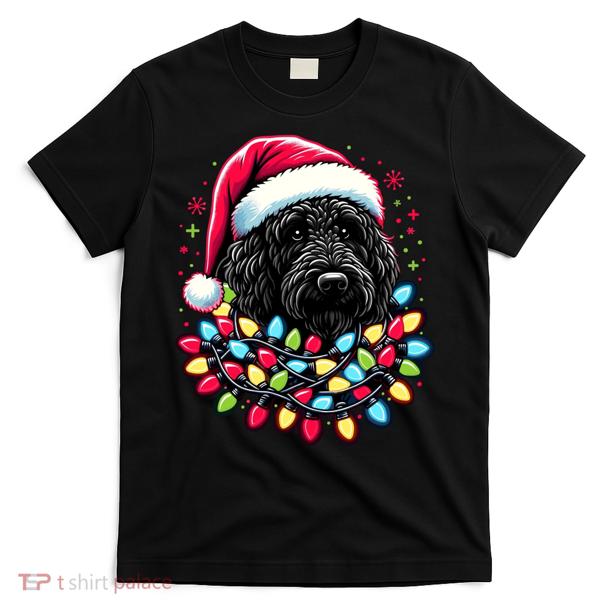 Black Labradoodle Christmas Tree Xmas Lights Doodle Dog T-Shirt