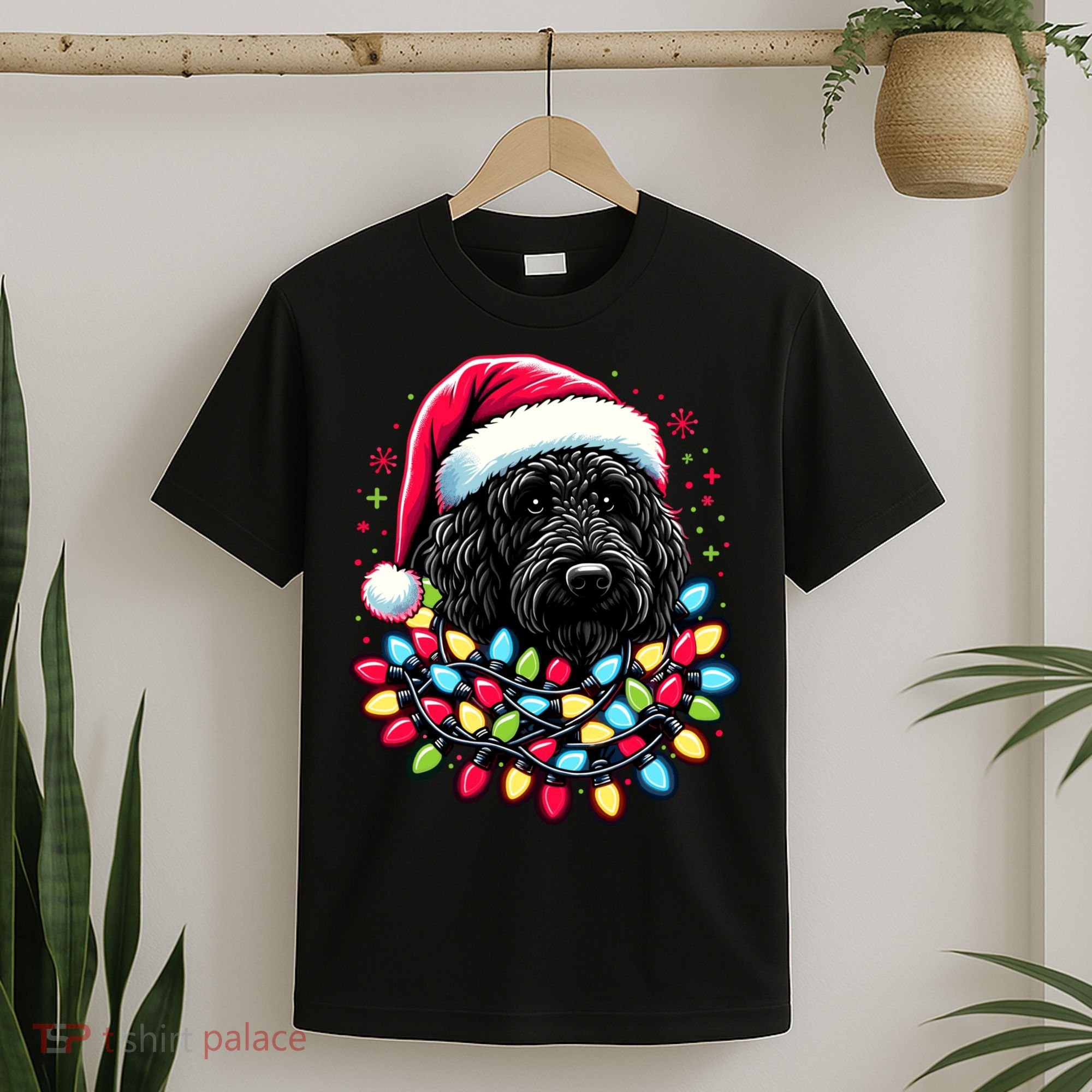 Black Labradoodle Christmas Tree Xmas Lights Doodle Dog T-Shirt