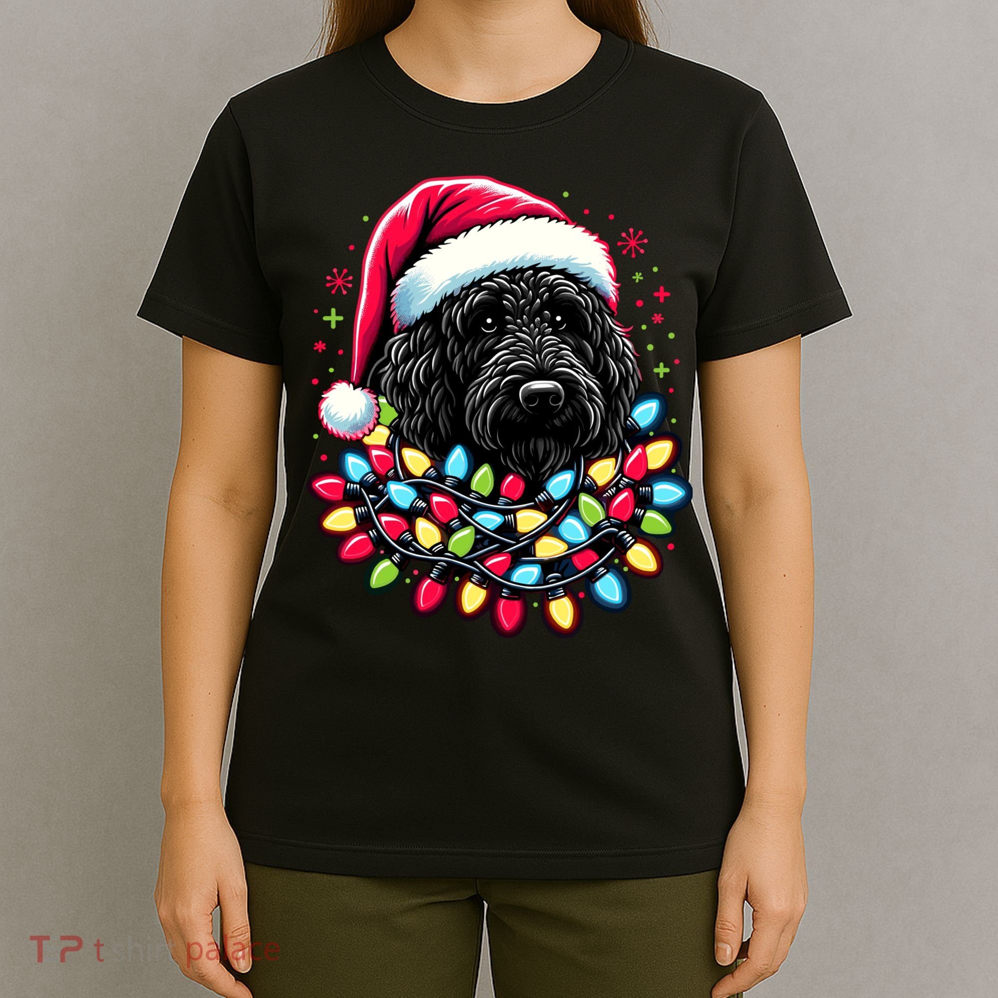 Black Labradoodle Christmas Tree Xmas Lights Doodle Dog T-Shirt