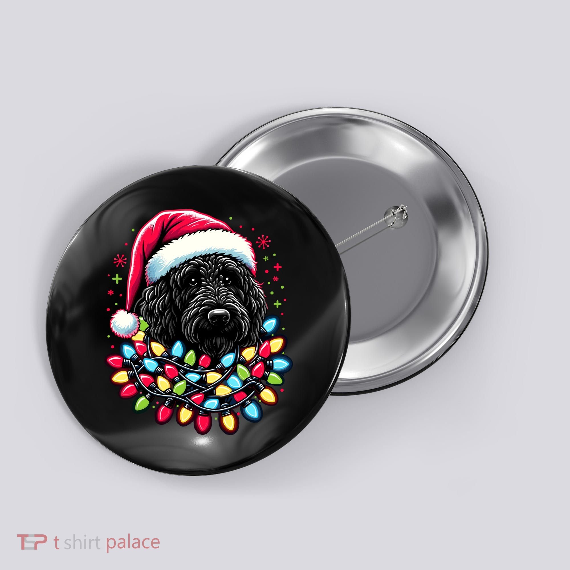 Black Labradoodle Christmas Tree Xmas Lights Doodle Dog Button