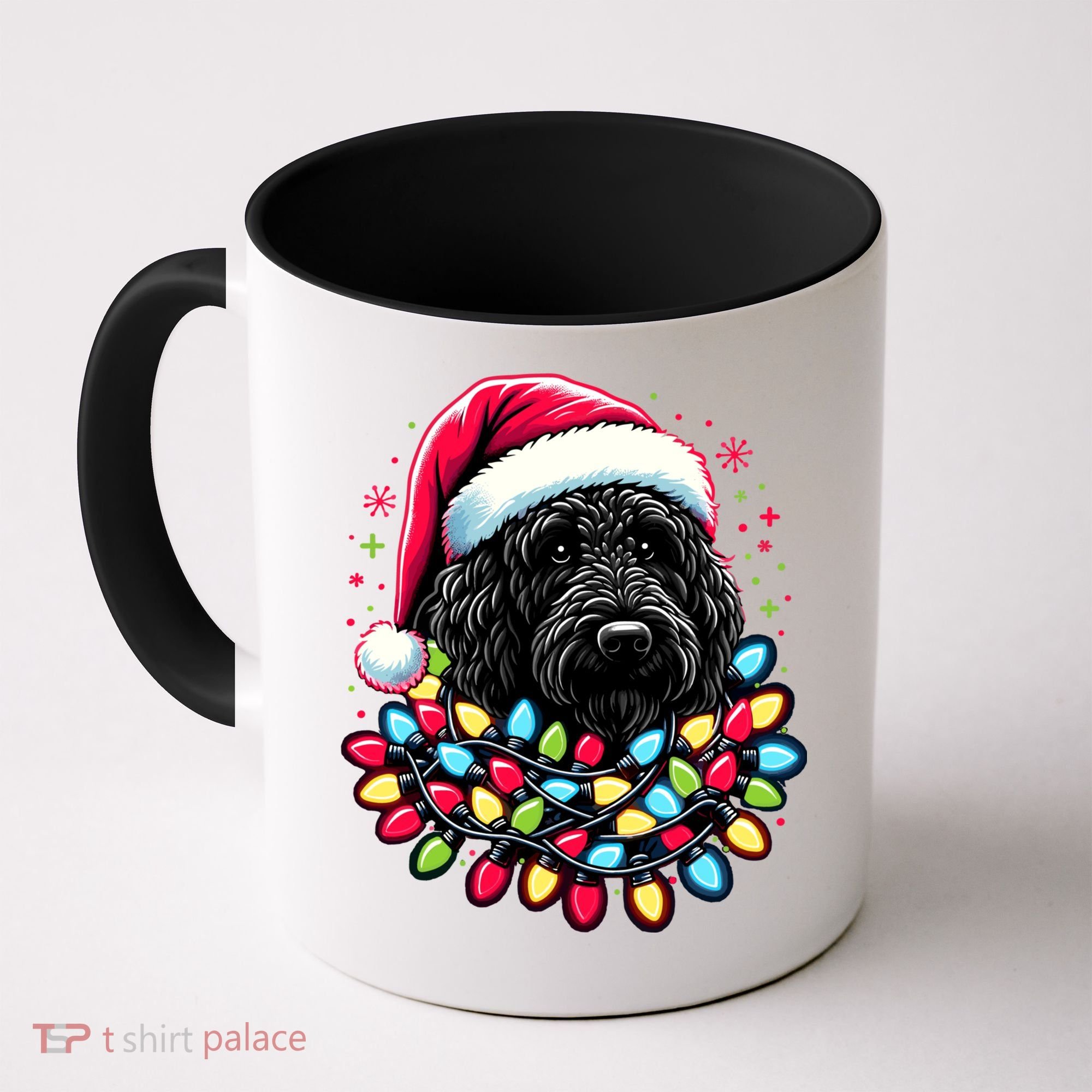 Black Labradoodle Christmas Tree Xmas Lights Doodle Dog Coffee Mug