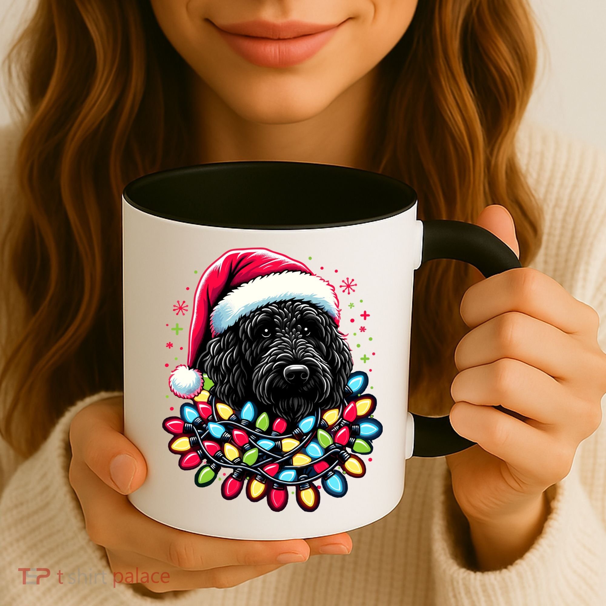 Black Labradoodle Christmas Tree Xmas Lights Doodle Dog Coffee Mug