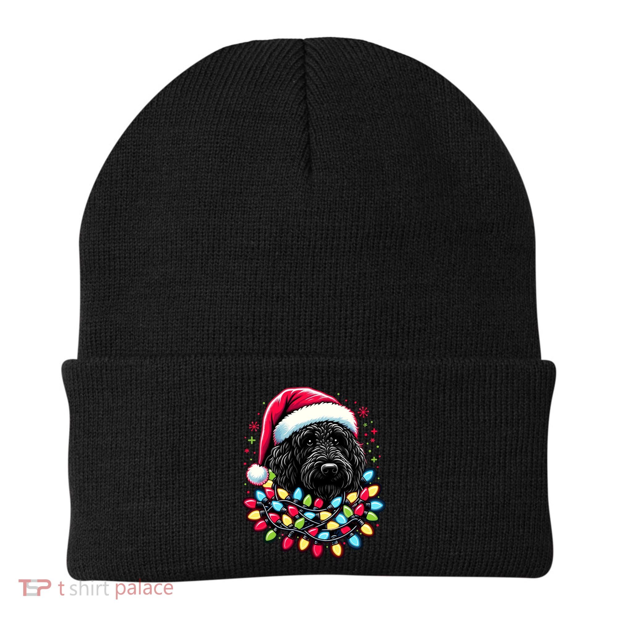 Black Labradoodle Christmas Tree Xmas Lights Doodle Dog Beanie