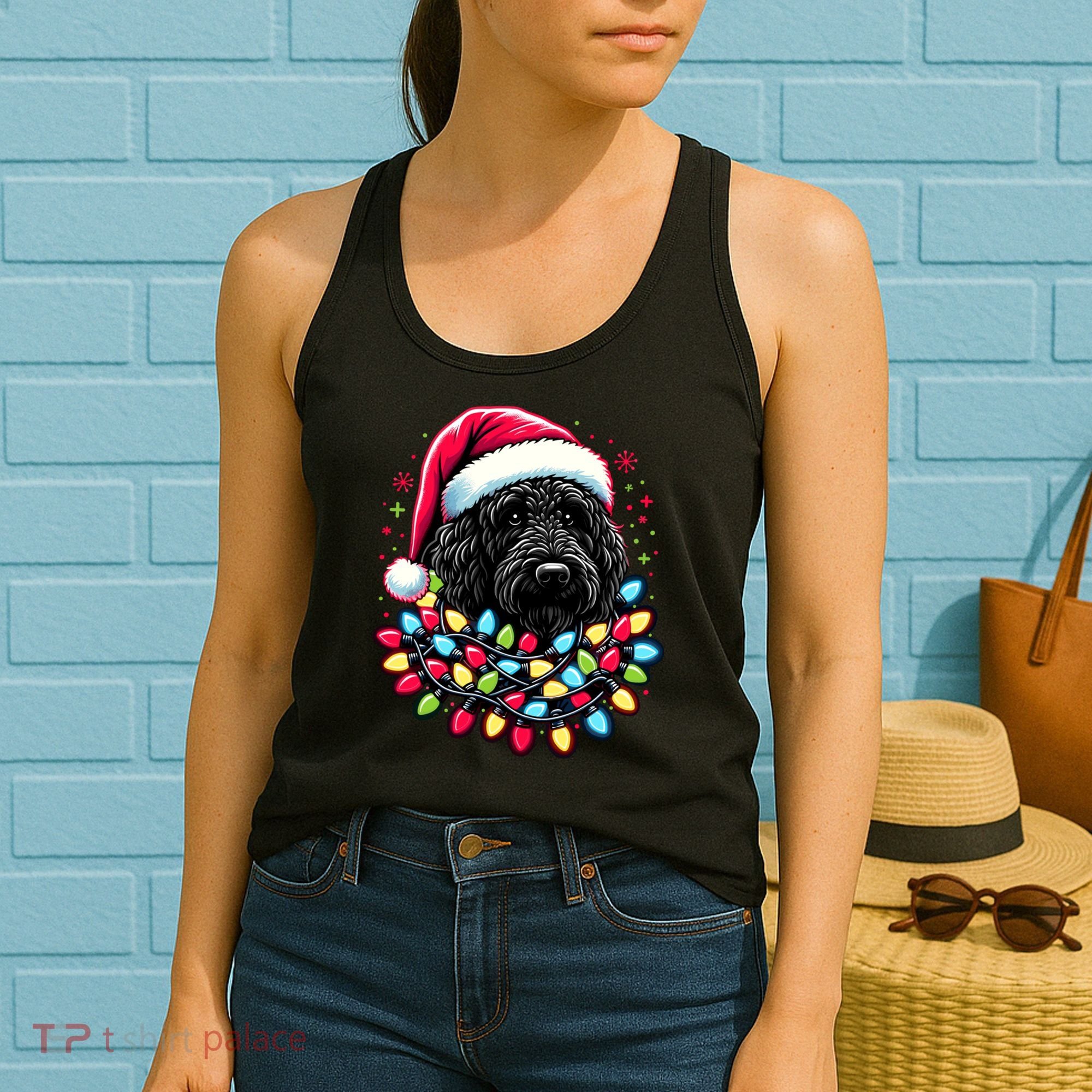 Black Labradoodle Christmas Tree Xmas Lights Doodle Dog Women's Tank Top