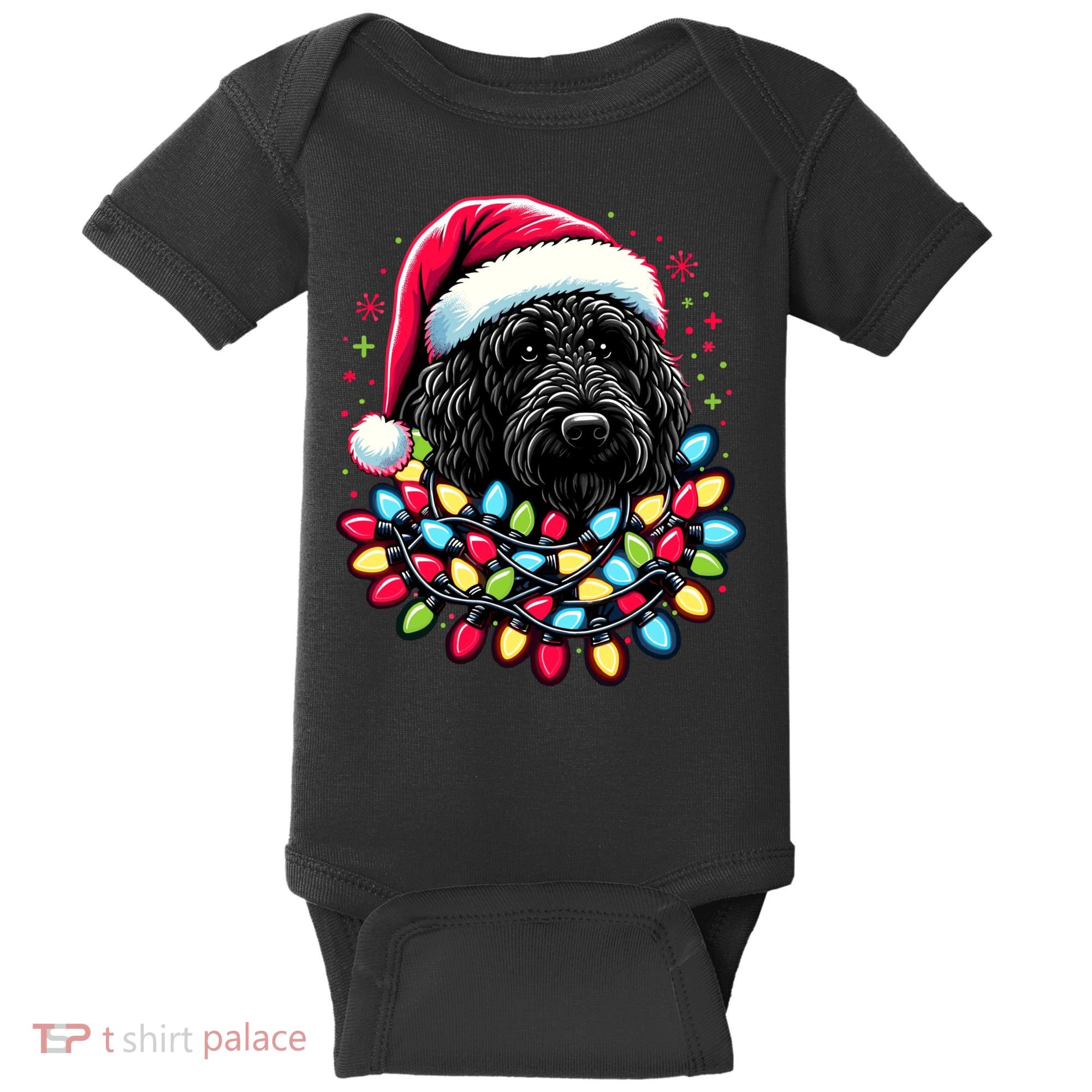Black Labradoodle Christmas Tree Xmas Lights Doodle Dog Baby Bodysuit