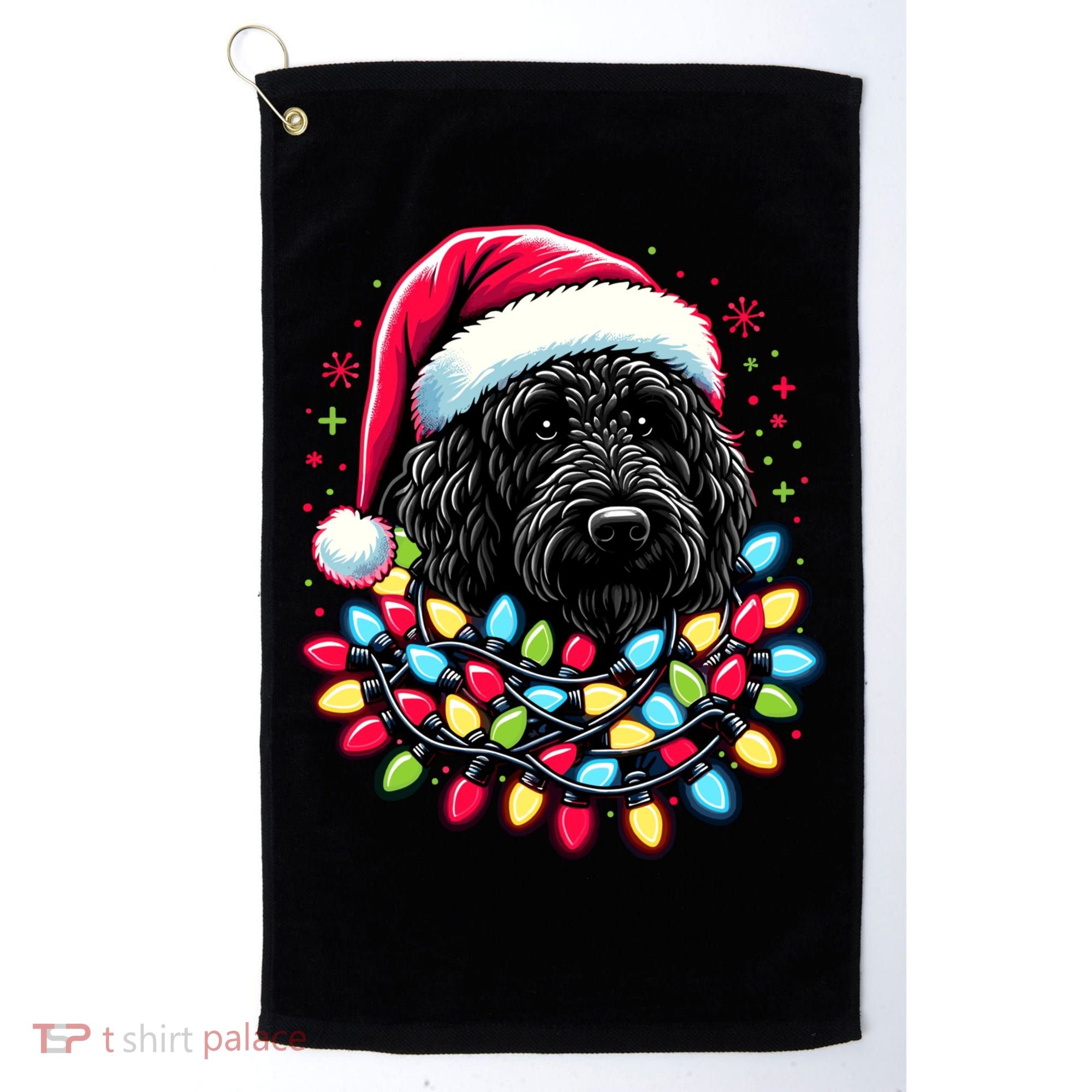 Black Labradoodle Christmas Tree Xmas Lights Doodle Dog Golf Towel