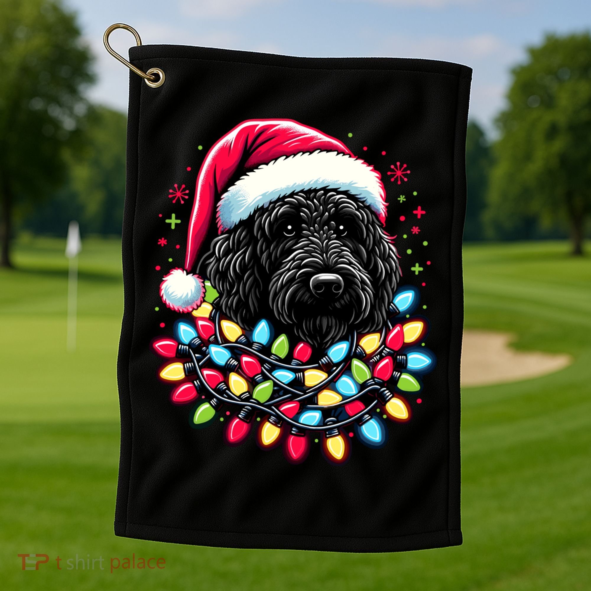 Black Labradoodle Christmas Tree Xmas Lights Doodle Dog Golf Towel
