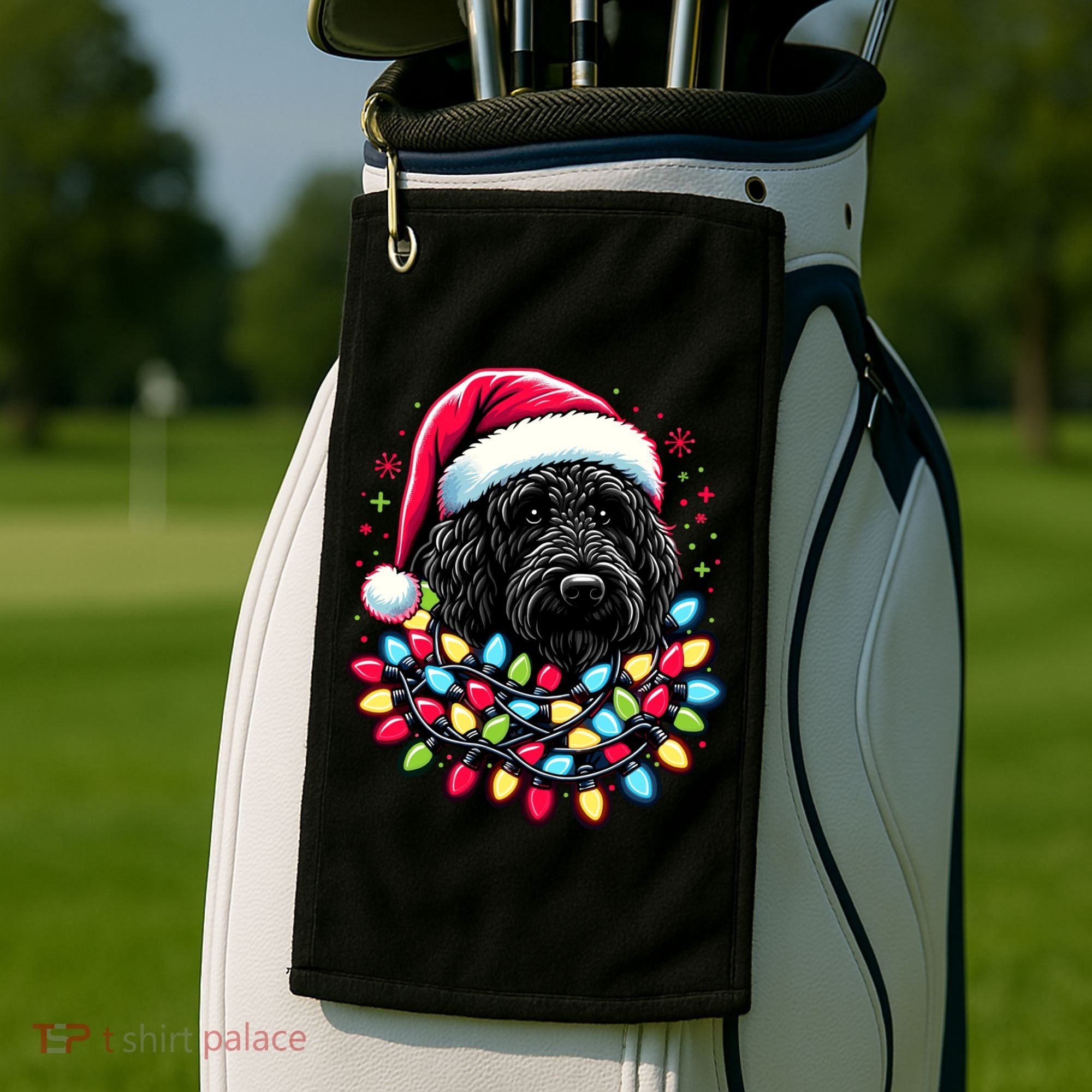 Black Labradoodle Christmas Tree Xmas Lights Doodle Dog Golf Towel