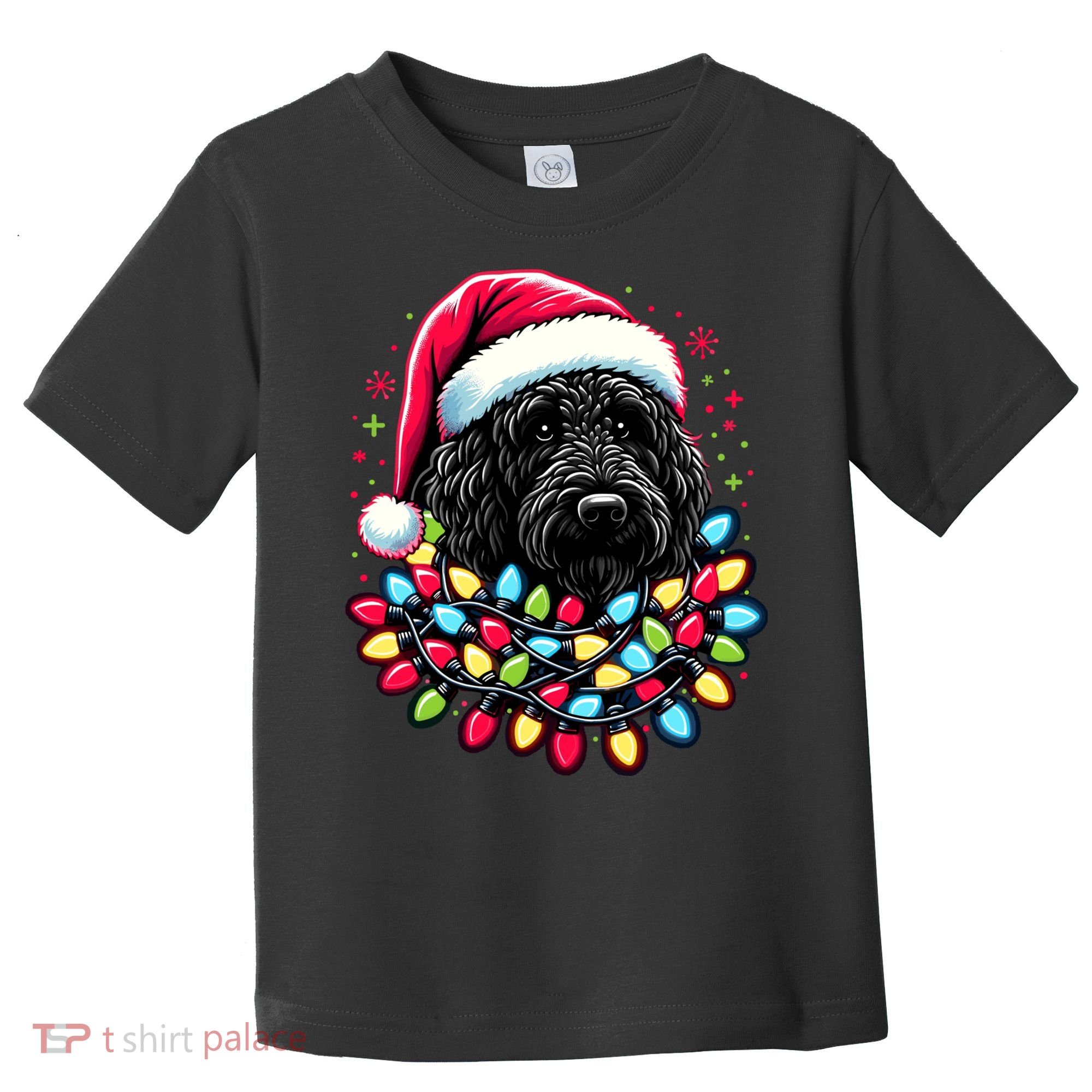 Black Labradoodle Christmas Tree Xmas Lights Doodle Dog Toddler T-Shirt