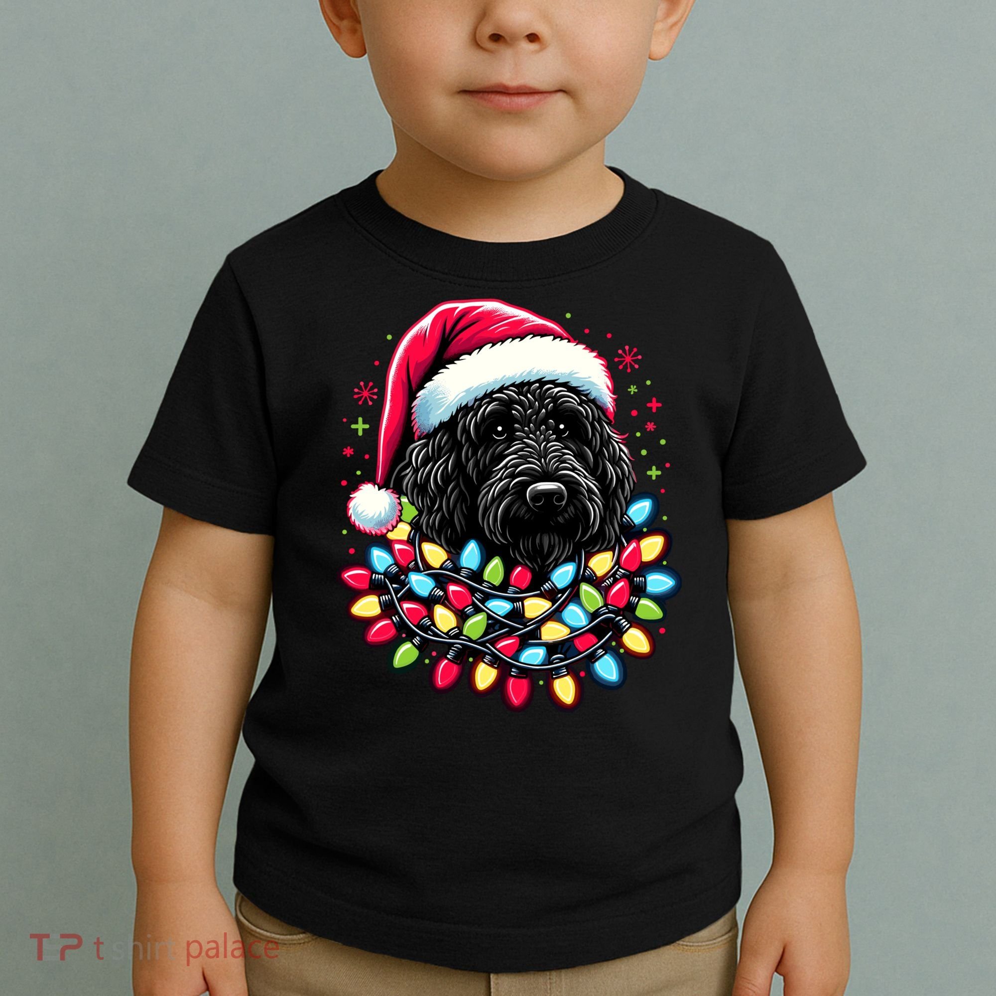 Black Labradoodle Christmas Tree Xmas Lights Doodle Dog Toddler T-Shirt