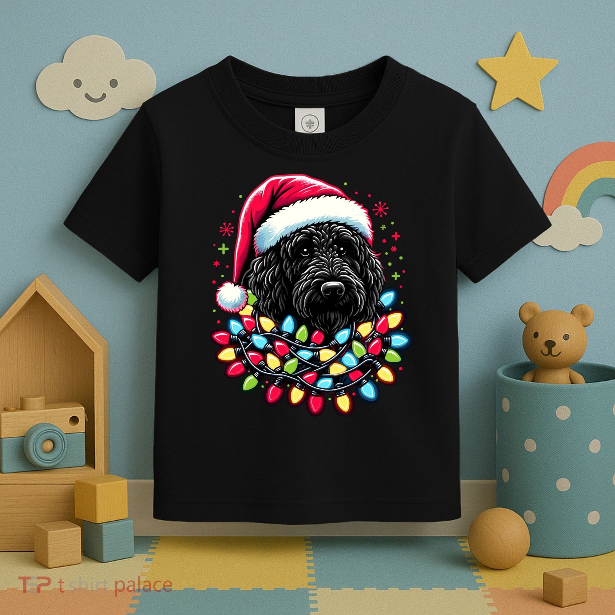 Black Labradoodle Christmas Tree Xmas Lights Doodle Dog Toddler T-Shirt