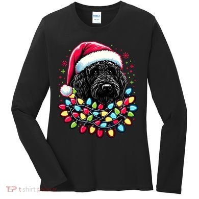 Black Labradoodle Christmas Tree Xmas Lights Doodle Dog Women's Long Sleeve Shirt