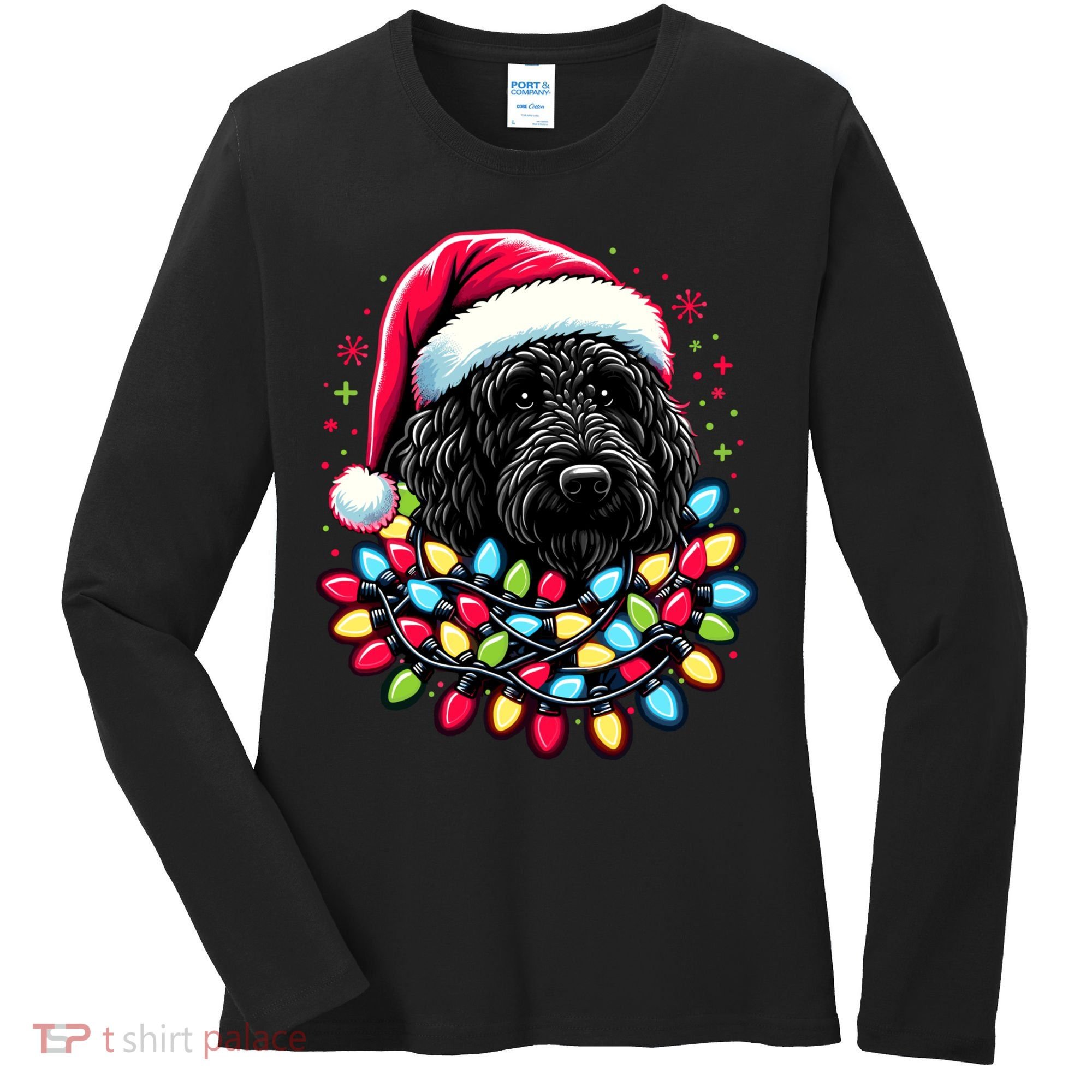 Black Labradoodle Christmas Tree Xmas Lights Doodle Dog Women's Long Sleeve Shirt
