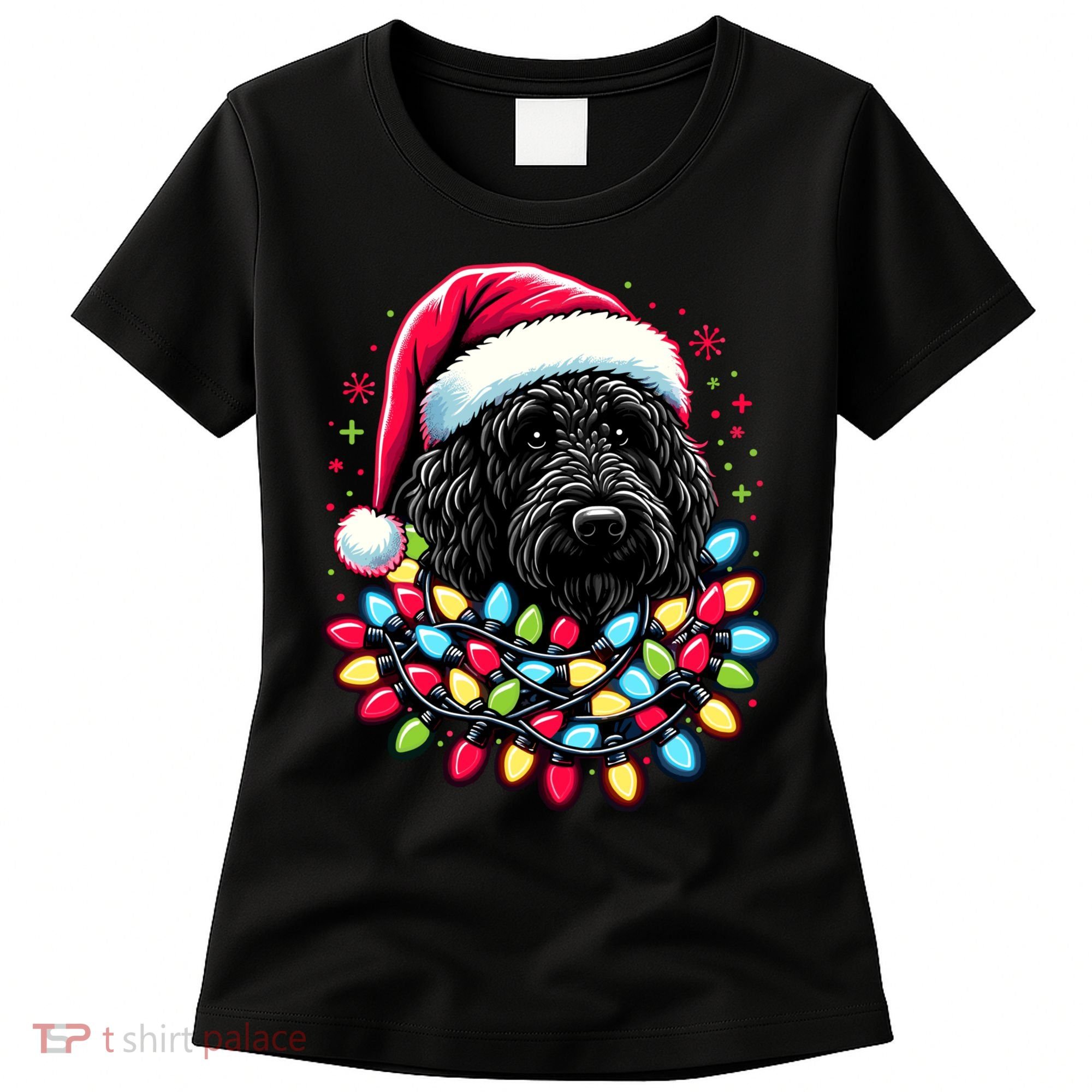 Black Labradoodle Christmas Tree Xmas Lights Doodle Dog Women's T-Shirt