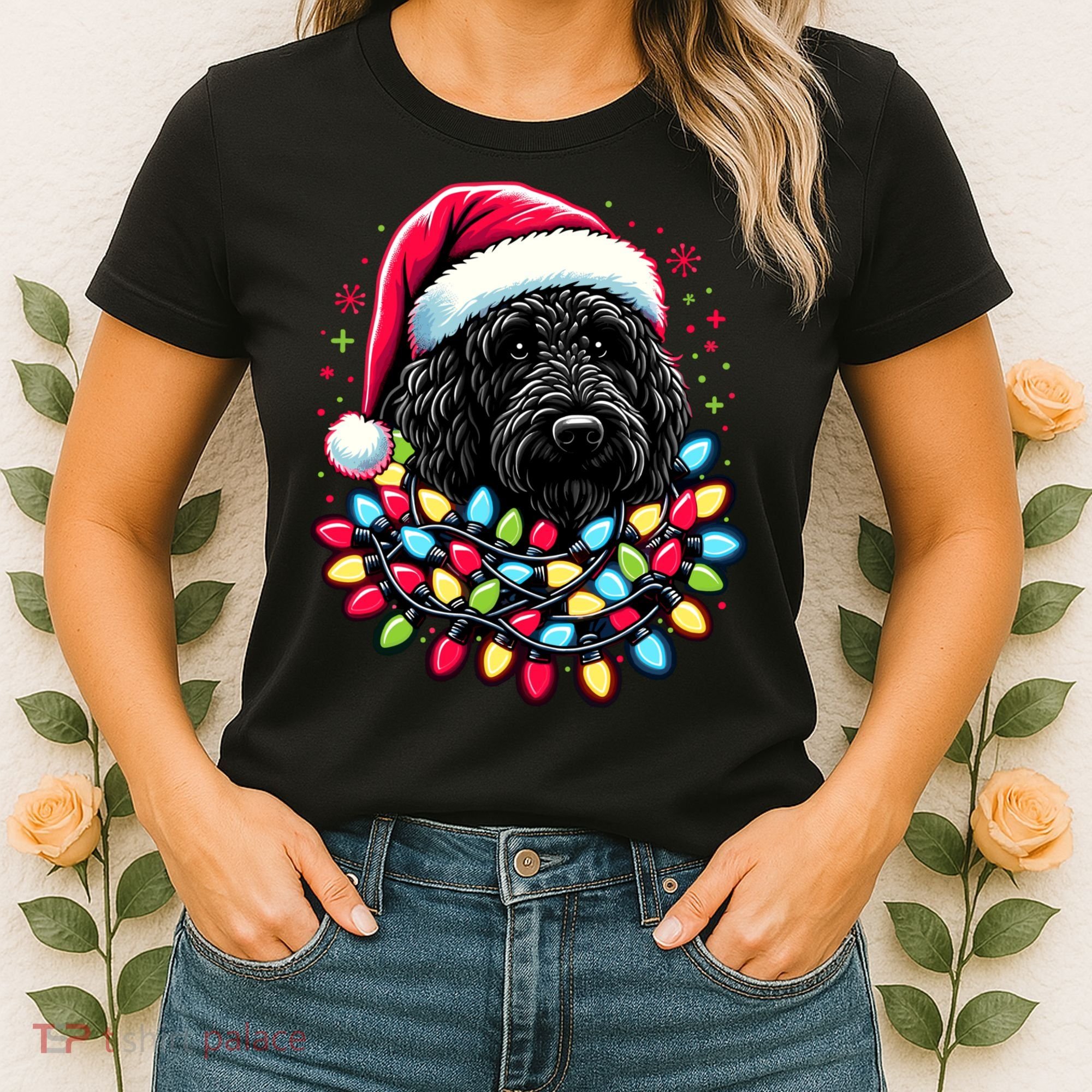 Black Labradoodle Christmas Tree Xmas Lights Doodle Dog Women's T-Shirt