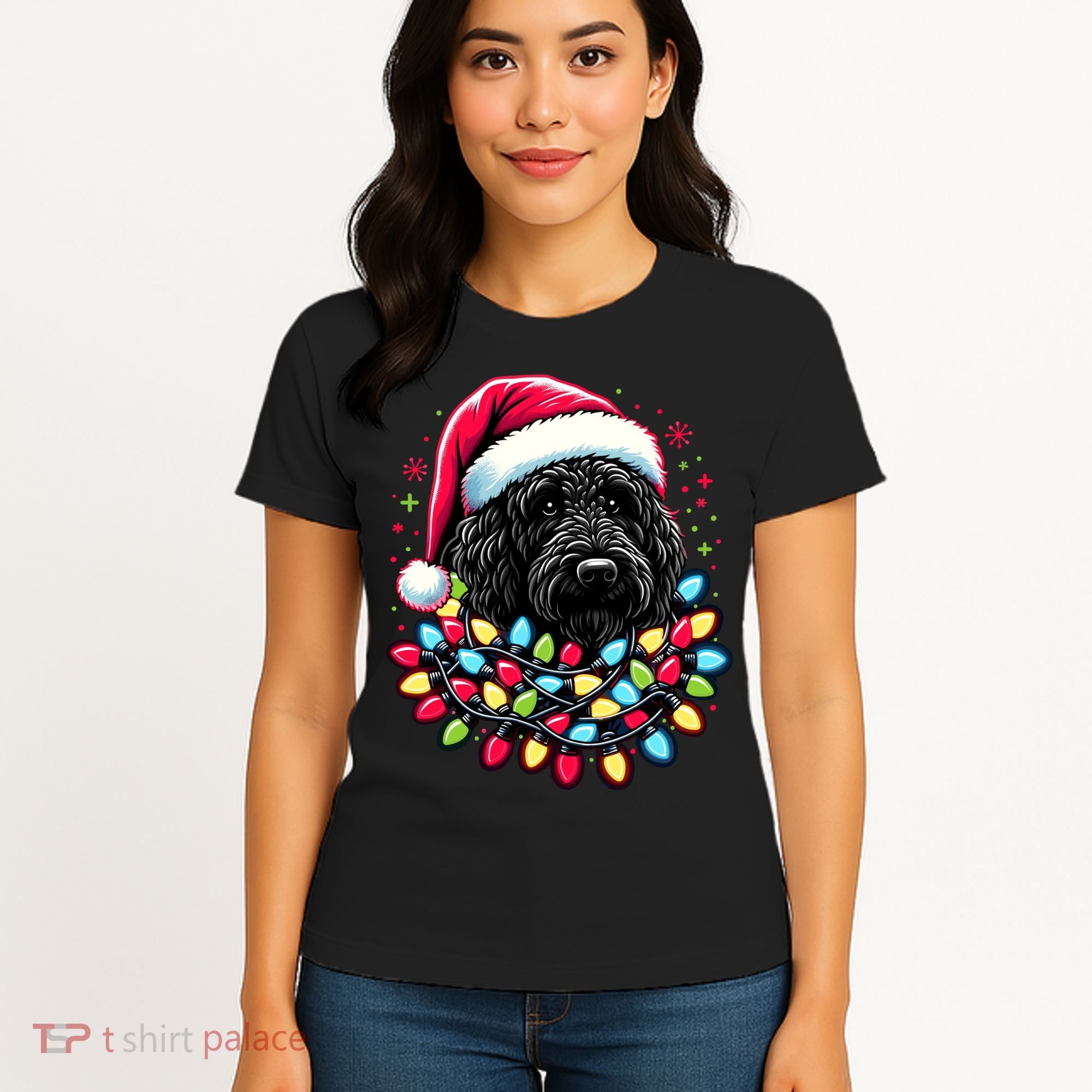 Black Labradoodle Christmas Tree Xmas Lights Doodle Dog Women's T-Shirt