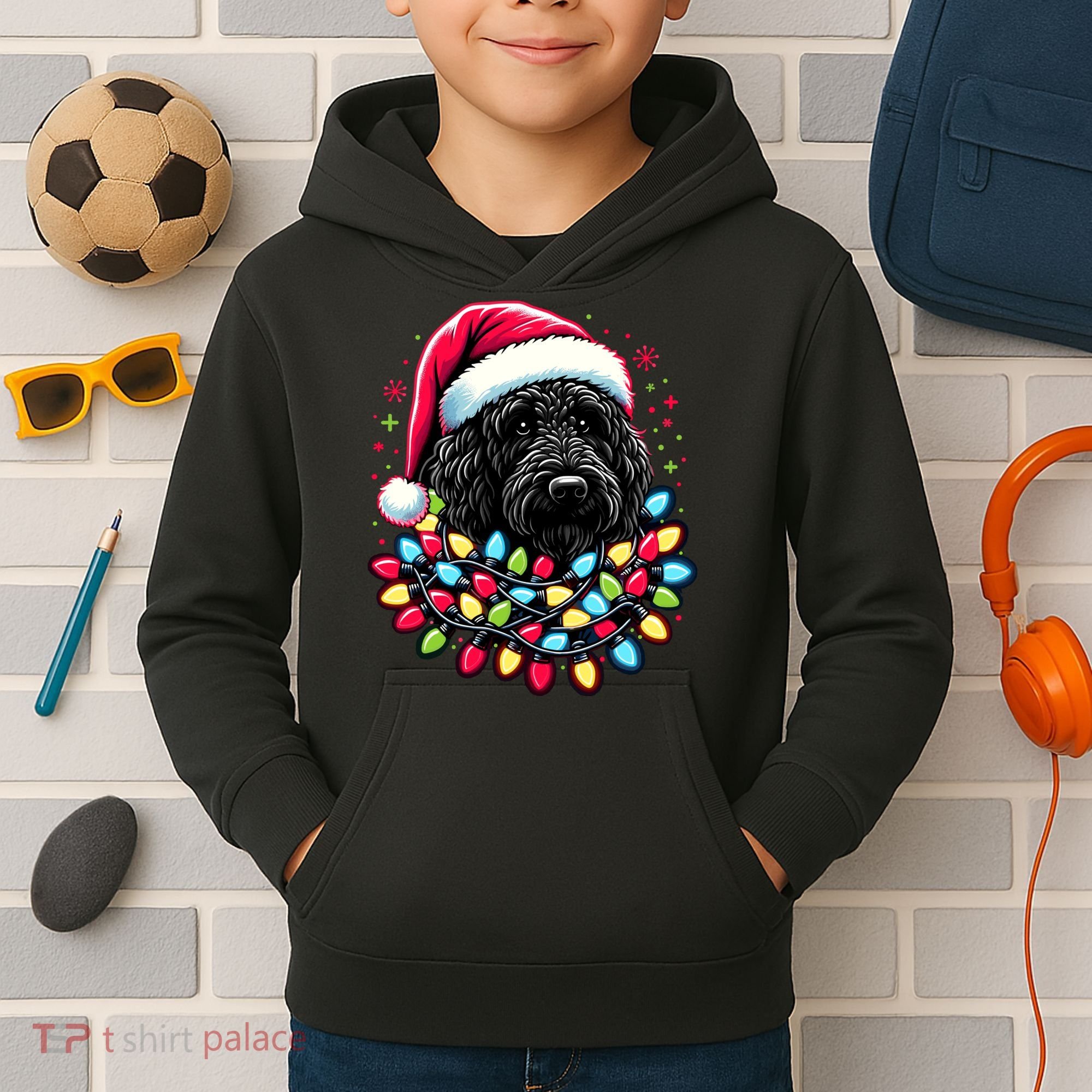 Black Labradoodle Christmas Tree Xmas Lights Doodle Dog Kids Hoodie