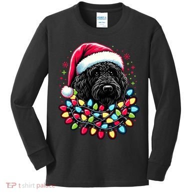 Black Labradoodle Christmas Tree Xmas Lights Doodle Dog Kids Long Sleeve Shirt