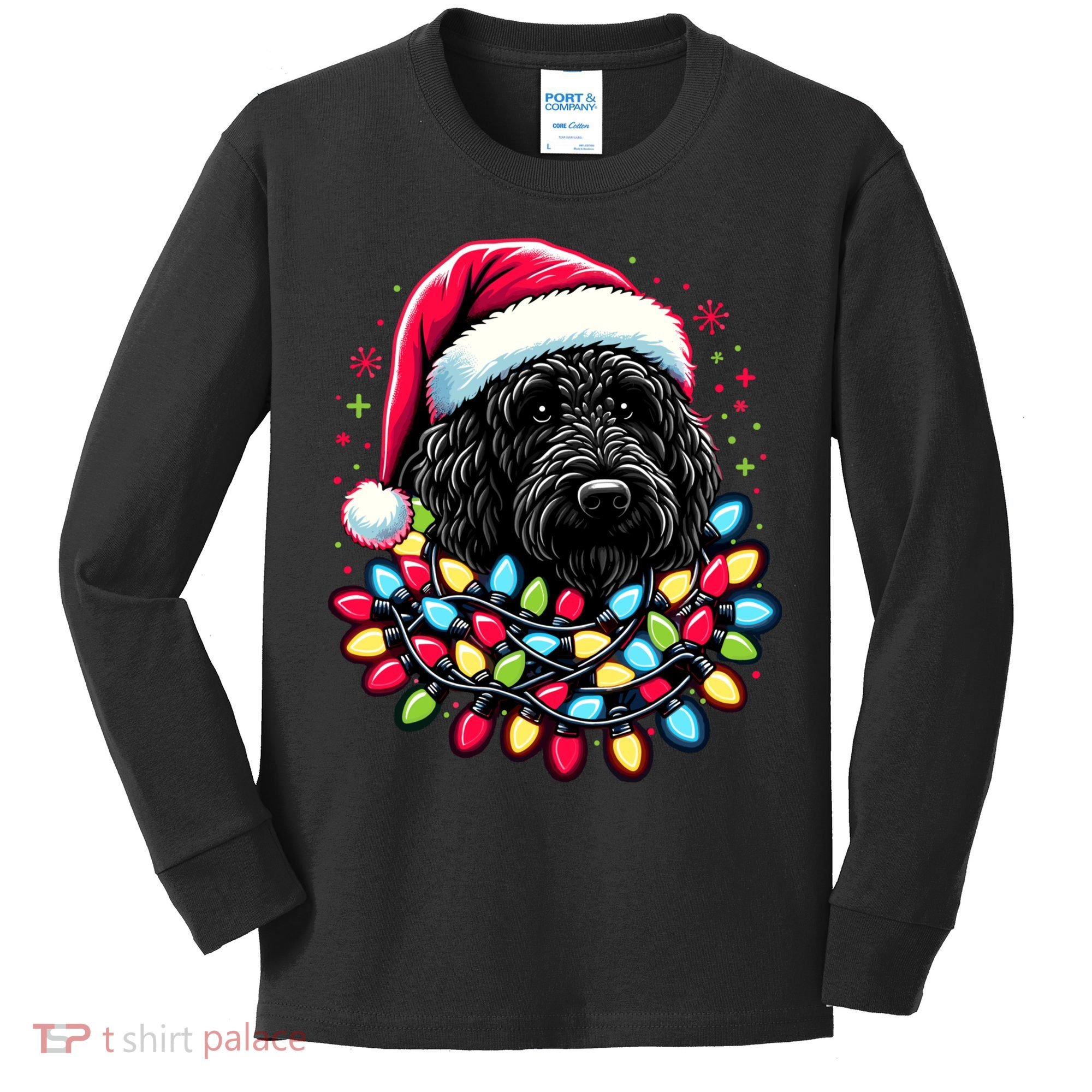 Black Labradoodle Christmas Tree Xmas Lights Doodle Dog Kids Long Sleeve Shirt