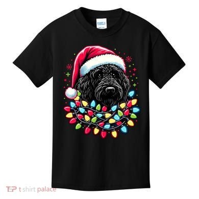 Black Labradoodle Christmas Tree Xmas Lights Doodle Dog Kids T-Shirt