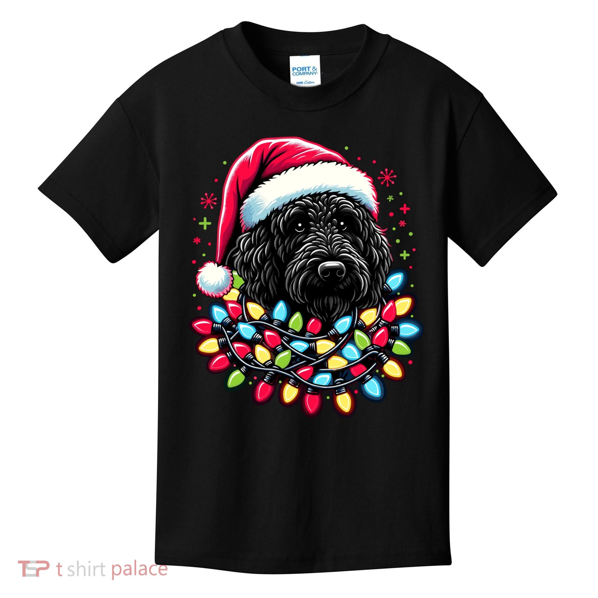 Black Labradoodle Christmas Tree Xmas Lights Doodle Dog Kids T-Shirt