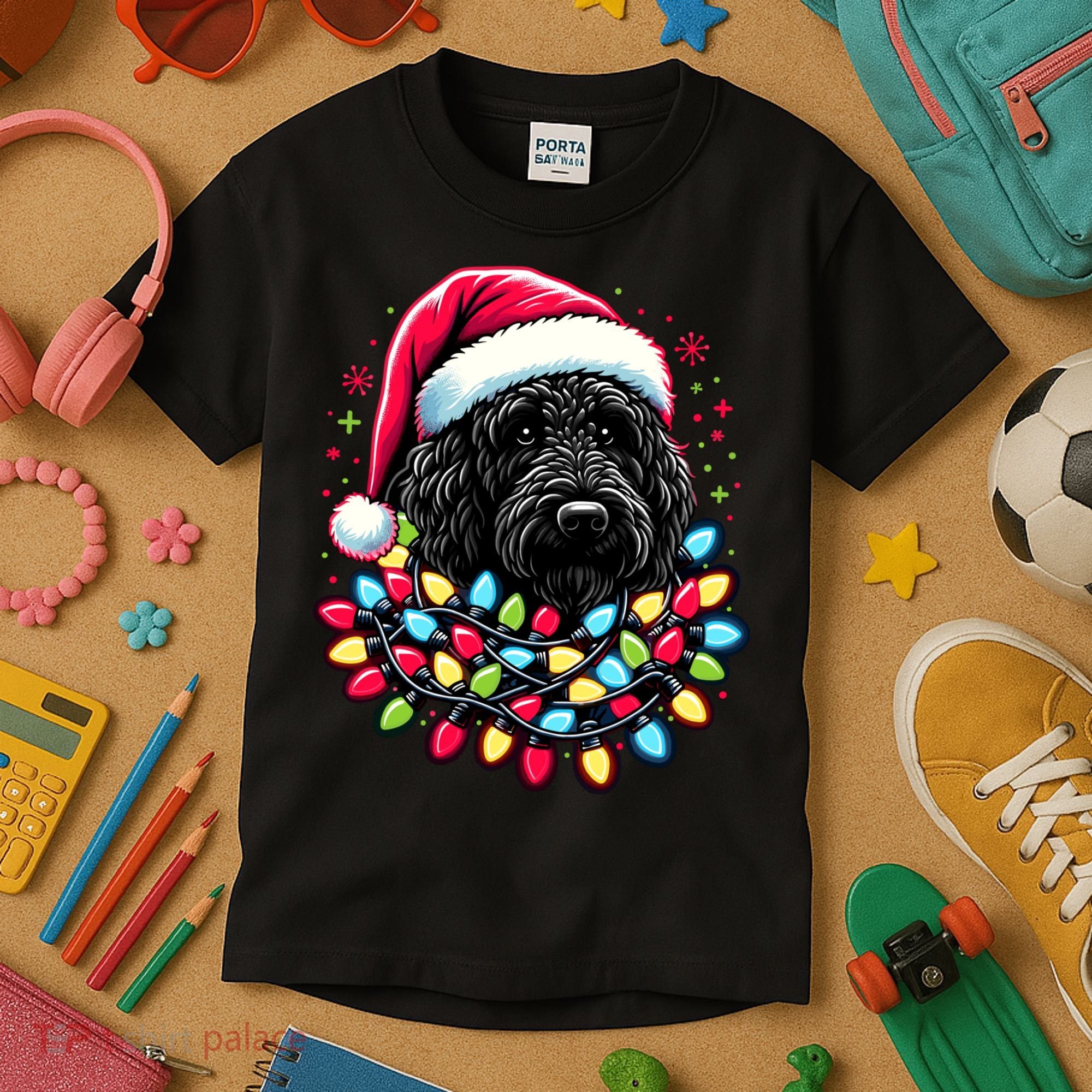 Black Labradoodle Christmas Tree Xmas Lights Doodle Dog Kids T-Shirt