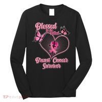 Blessed To Be Called Breast Cancer Survivor Butterflies Ribbon Cross Long Sleeve Shirt thumb 0
