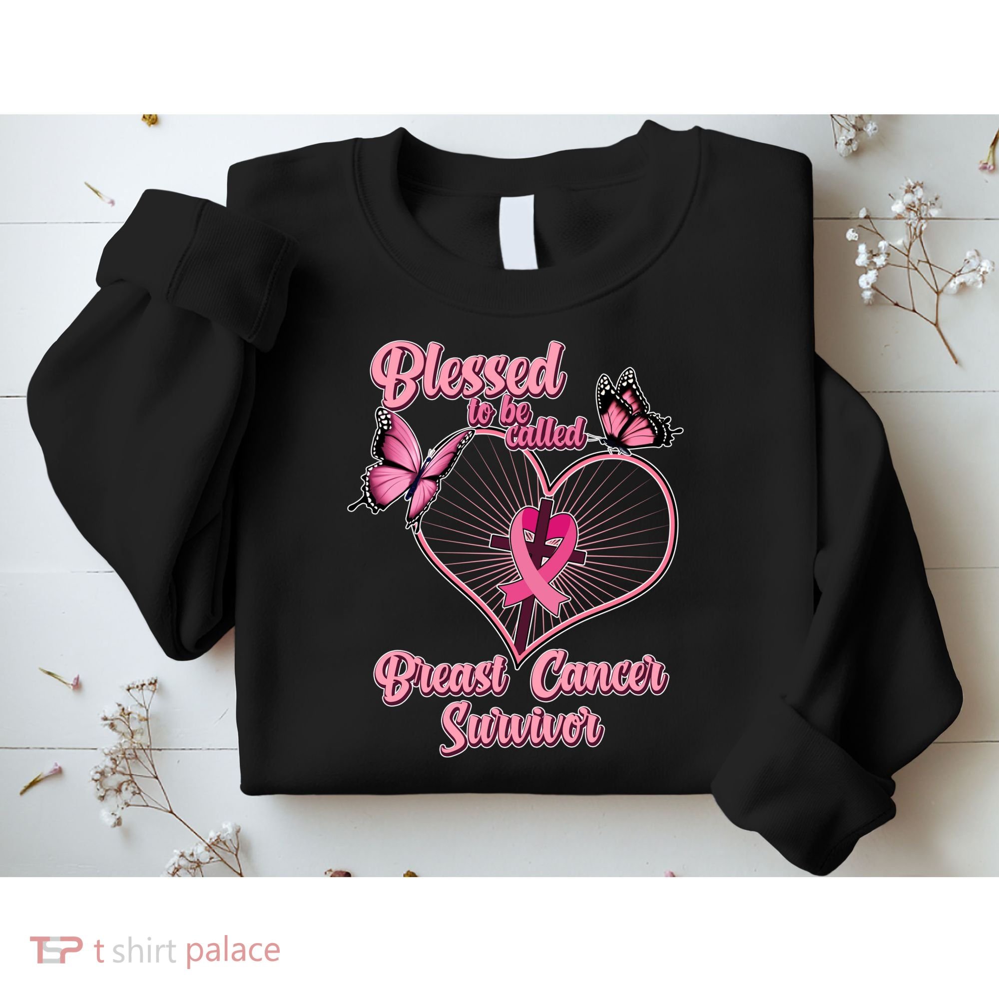 Blessed To Be Called Breast Cancer Survivor Butterflies Ribbon Cross Sweatshirt