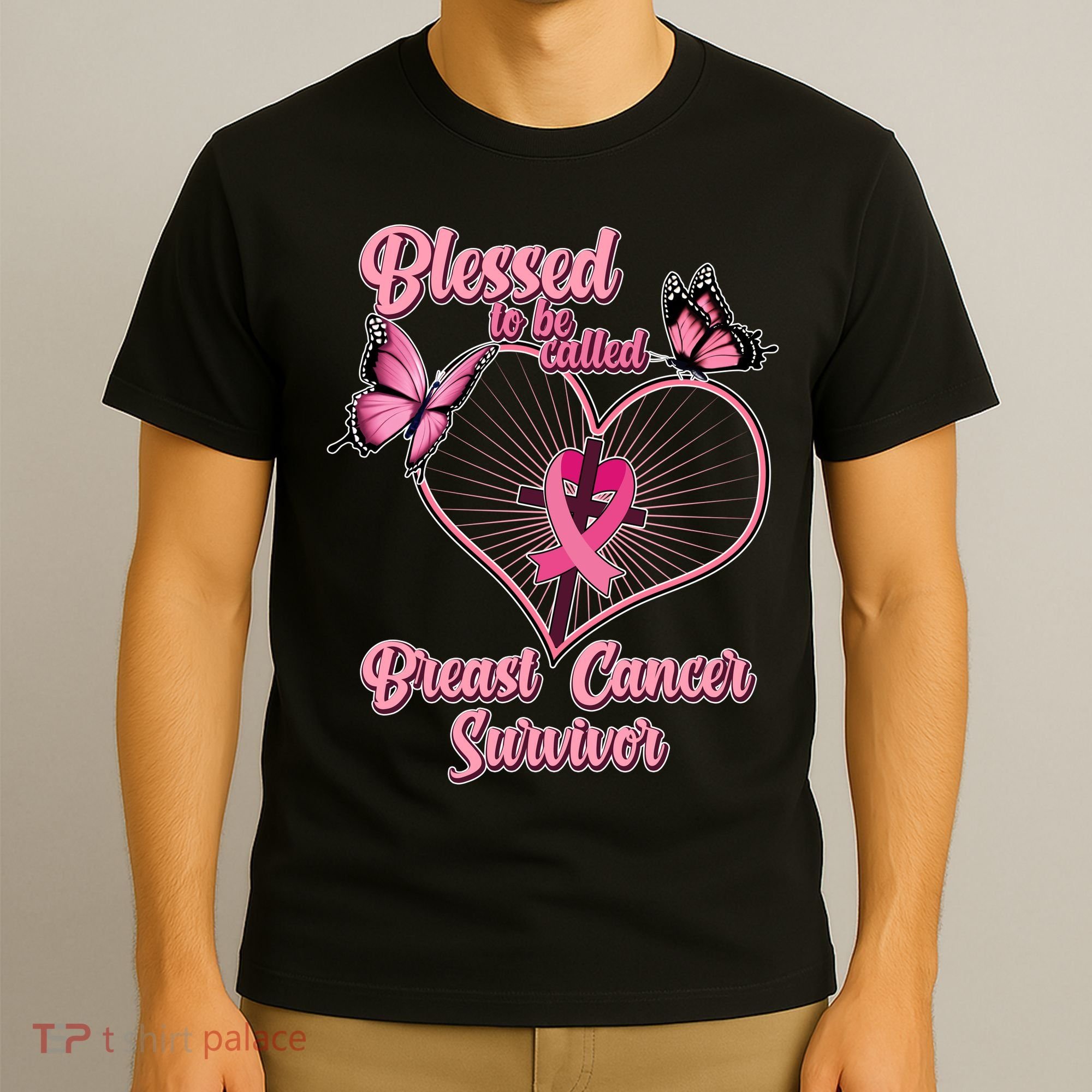 Blessed To Be Called Breast Cancer Survivor Butterflies Ribbon Cross T-Shirt