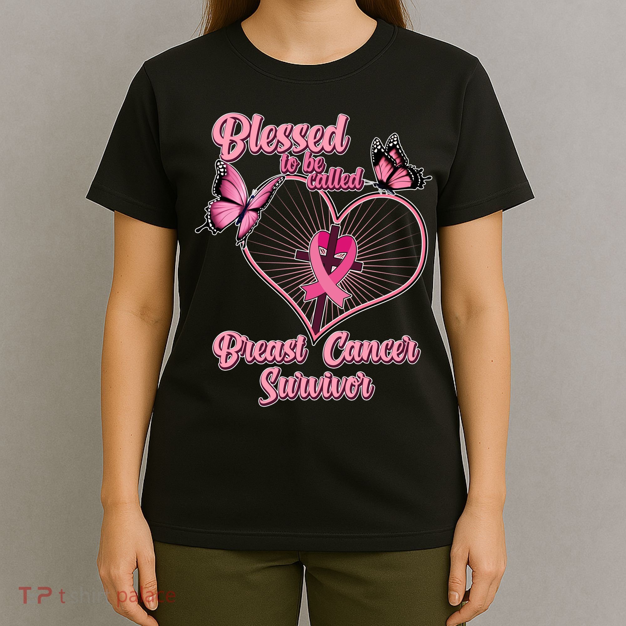 Blessed To Be Called Breast Cancer Survivor Butterflies Ribbon Cross T-Shirt