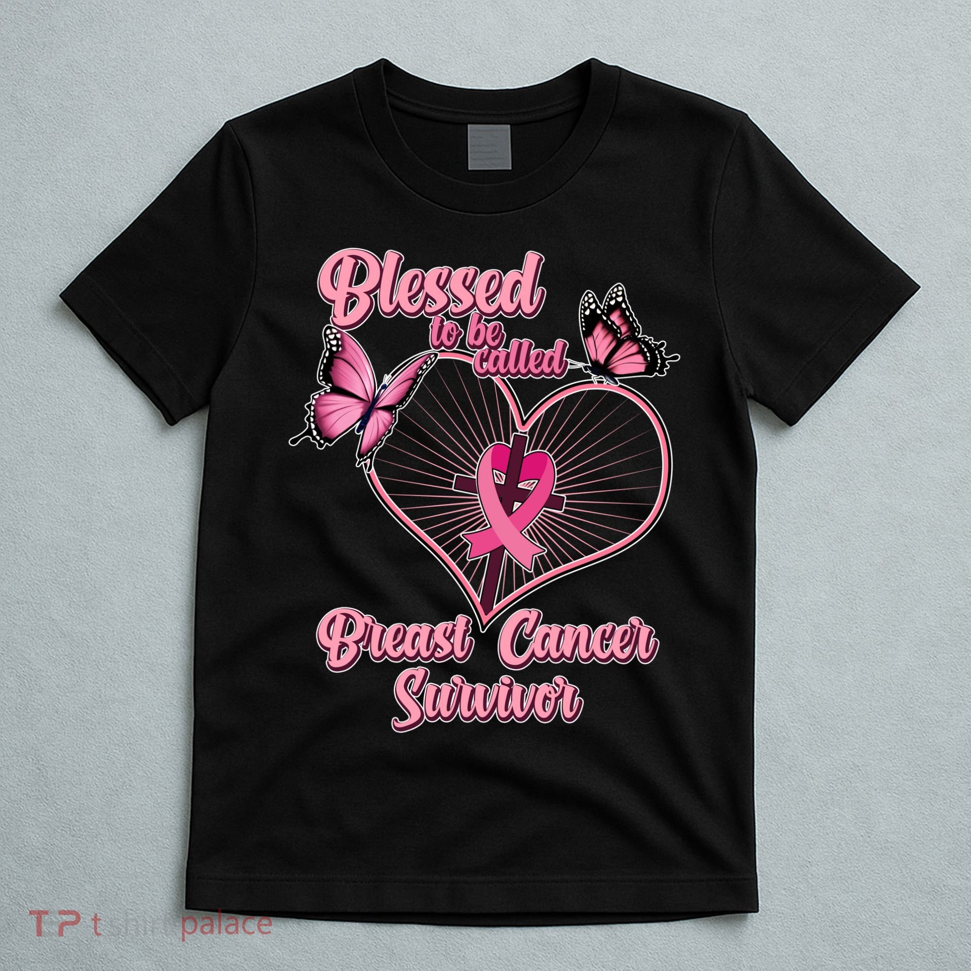 Blessed To Be Called Breast Cancer Survivor Butterflies Ribbon Cross T-Shirt
