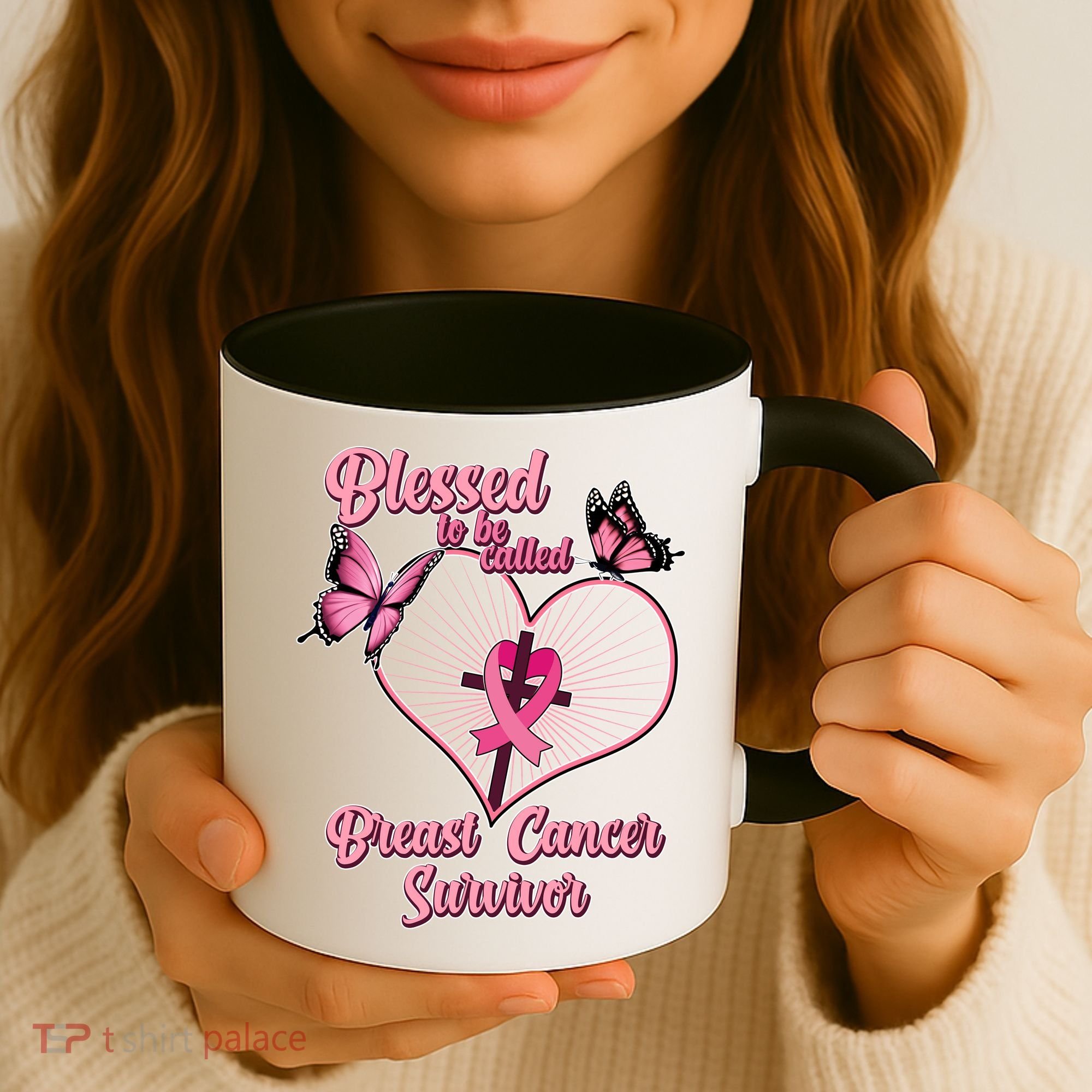 Blessed To Be Called Breast Cancer Survivor Butterflies Ribbon Cross Coffee Mug