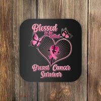 Blessed To Be Called Breast Cancer Survivor Butterflies Ribbon Cross Coaster thumb 0