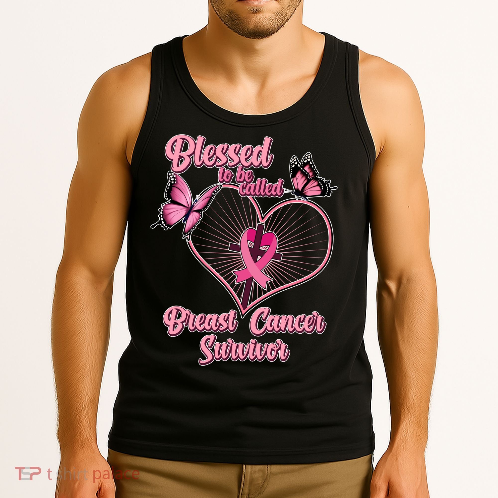 Blessed To Be Called Breast Cancer Survivor Butterflies Ribbon Cross Tank Top