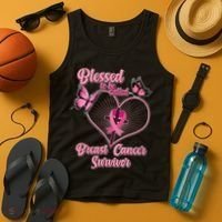 Blessed To Be Called Breast Cancer Survivor Butterflies Ribbon Cross Tank Top thumb 4